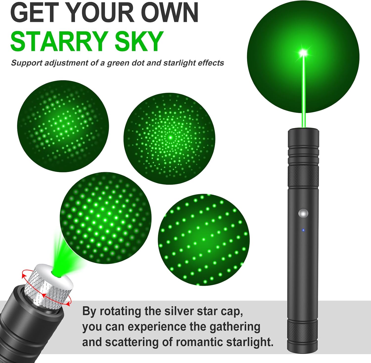 Detalle de LETEAPII 2-Pack Green Laser Pointers with USB-A Charging and Star Caps