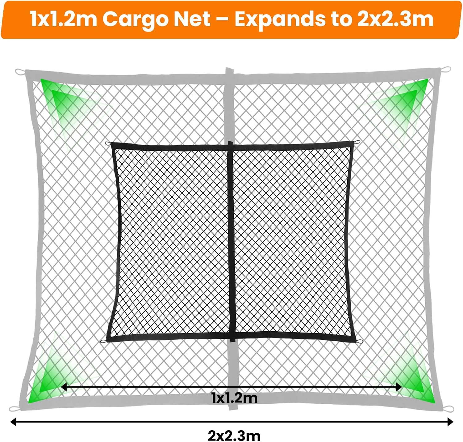 Detalle 2 de Highly Elastic Cargo Net for Truck Bed – 1×1.2m (stretches to 2×2.3m) with 6 Carabiner Hooks