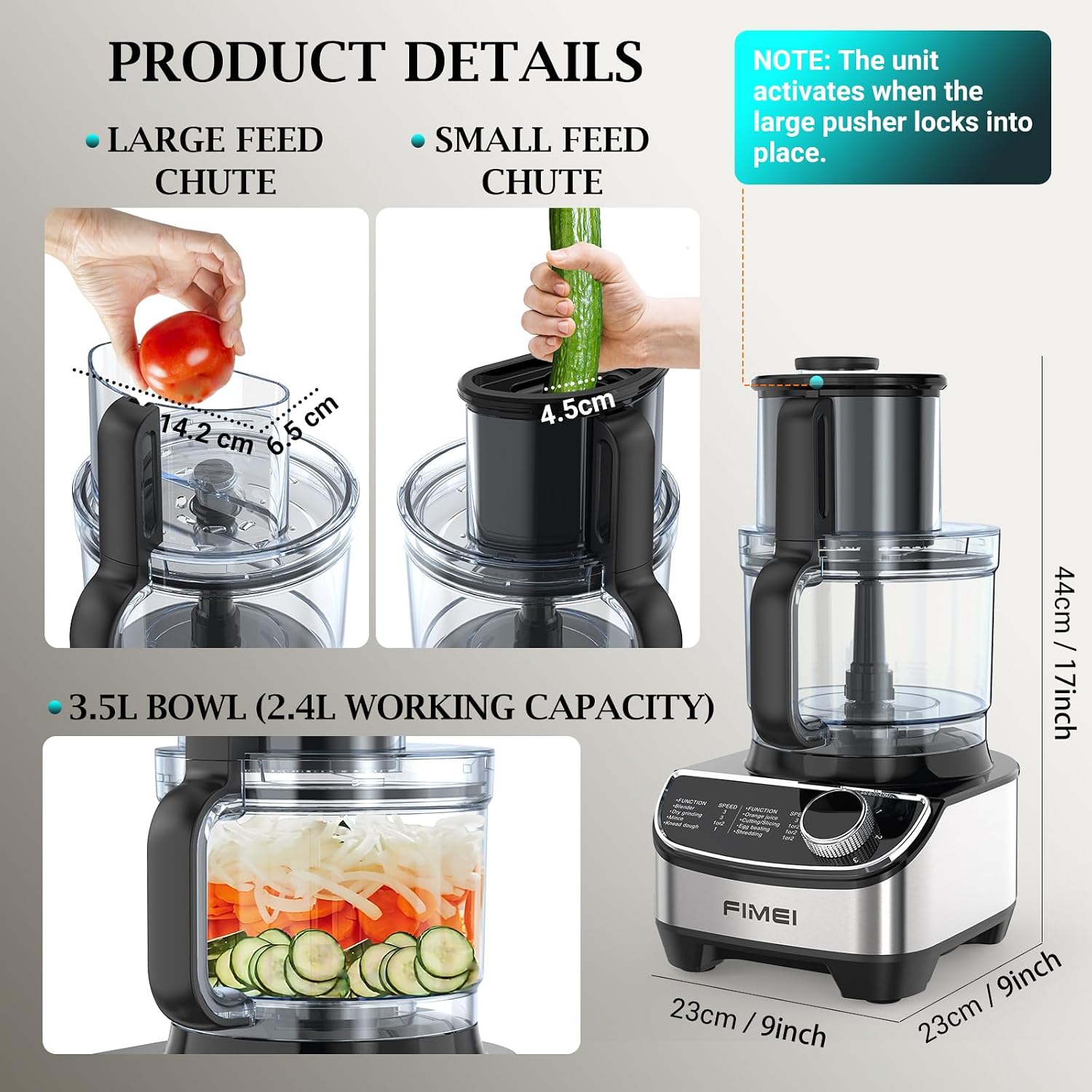 Detalle 2 de FIMEI Multifunctional Food Processor 1300W (3 speeds + pulse) with 3.5L chopper, 1.5L blender, slicer & citrus juicer