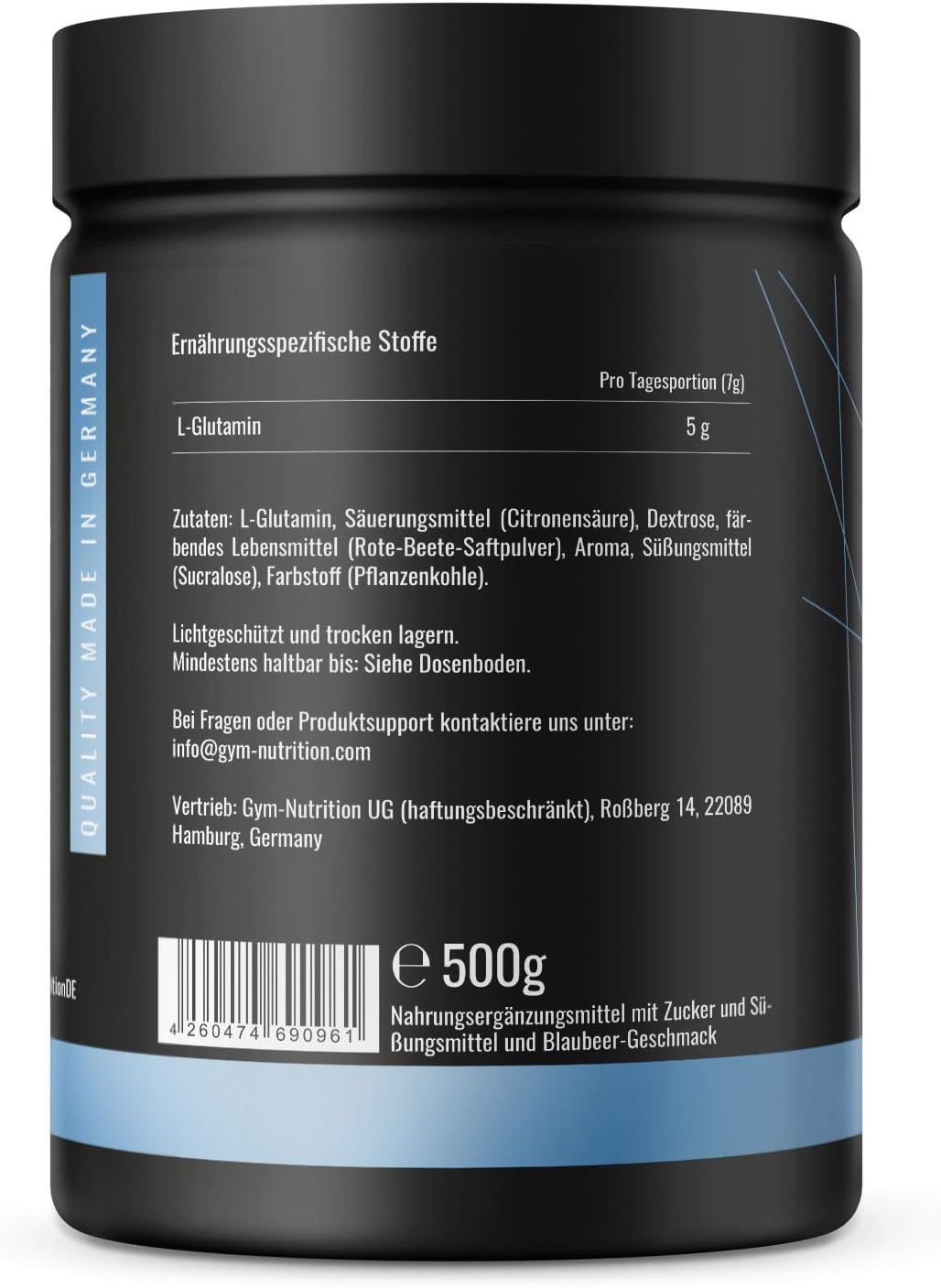 Detalle de 500 g L-Glutamin Pulver (Ultrareines, extra hochdosiert) mit Eistee-Peach Geschmack – vegan, laborgeprüft