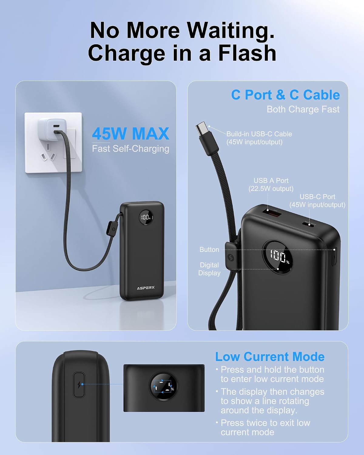 Thumbnail 4 de AsperX AX369 45W Portable Charger, 20,000mAh with Built-In USB-C Cable