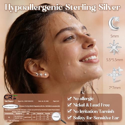 Thumbnail 2 de Finrezio 3 Pairs Flat Back Earrings – Sterling Silver Hypoallergenic Studs