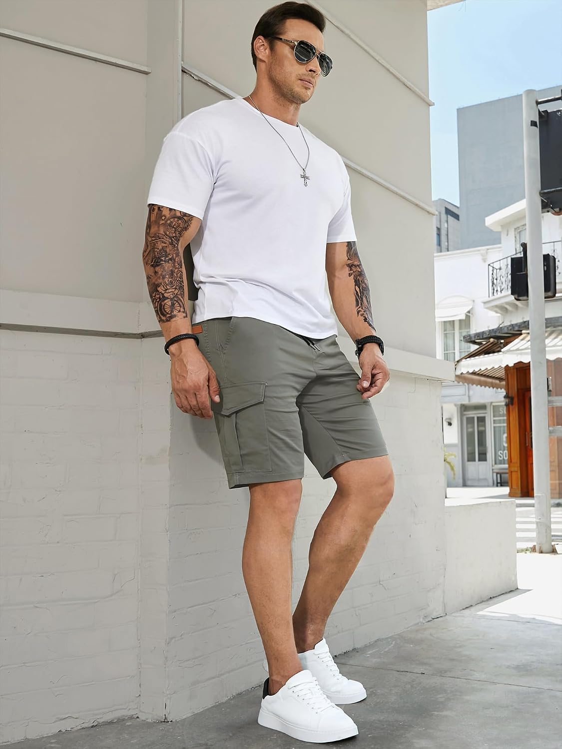 Detalle 2 de JMIERR Mens Cargo Shorts Combat Plain Casual Summer Cotton Jogging Short with Drawstring and Multi Pockets