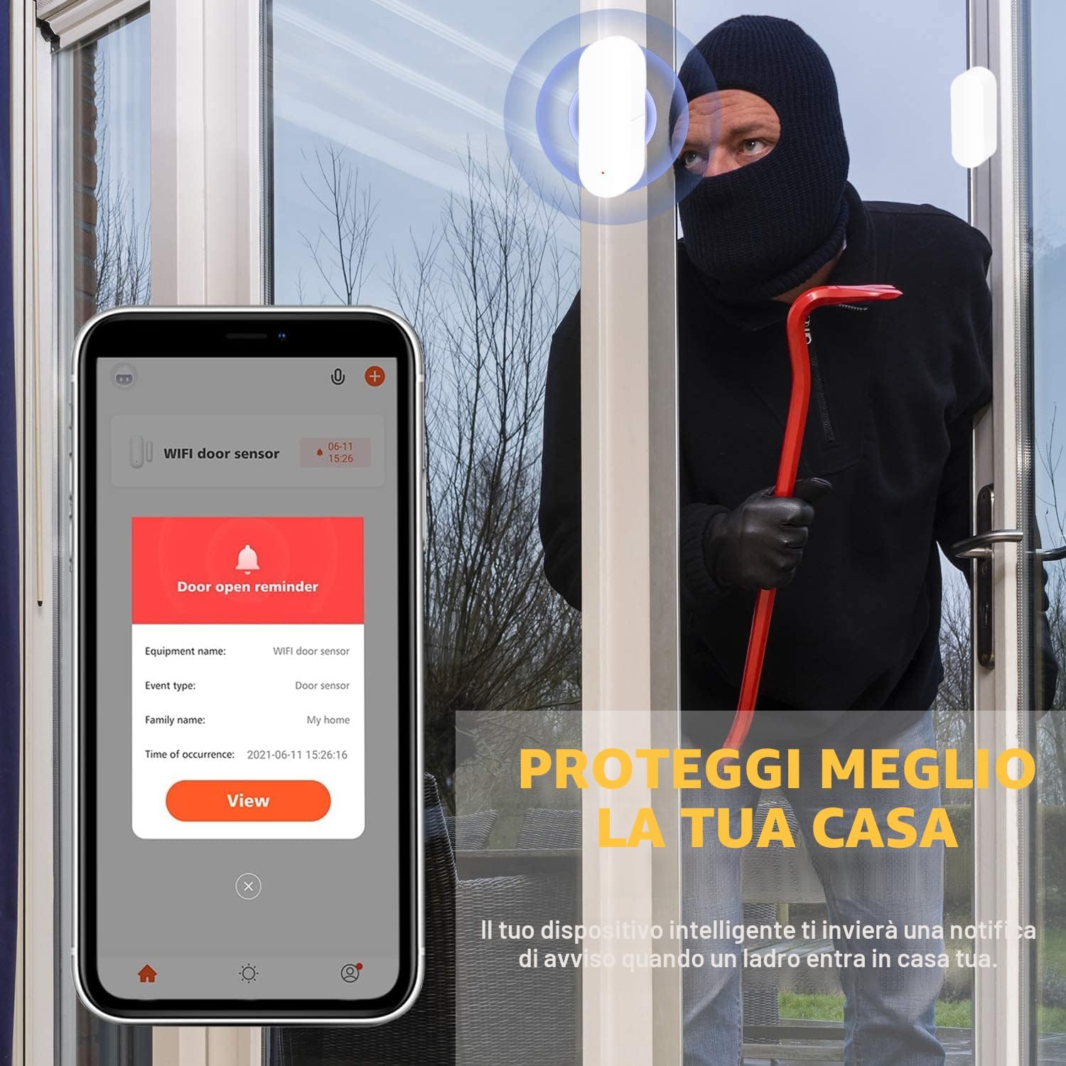 Detalle 2 de Sensore porta WiFi intelligente per finestre e porte, wireless, compatibile Alexa e Google Assistant (1 Pack)