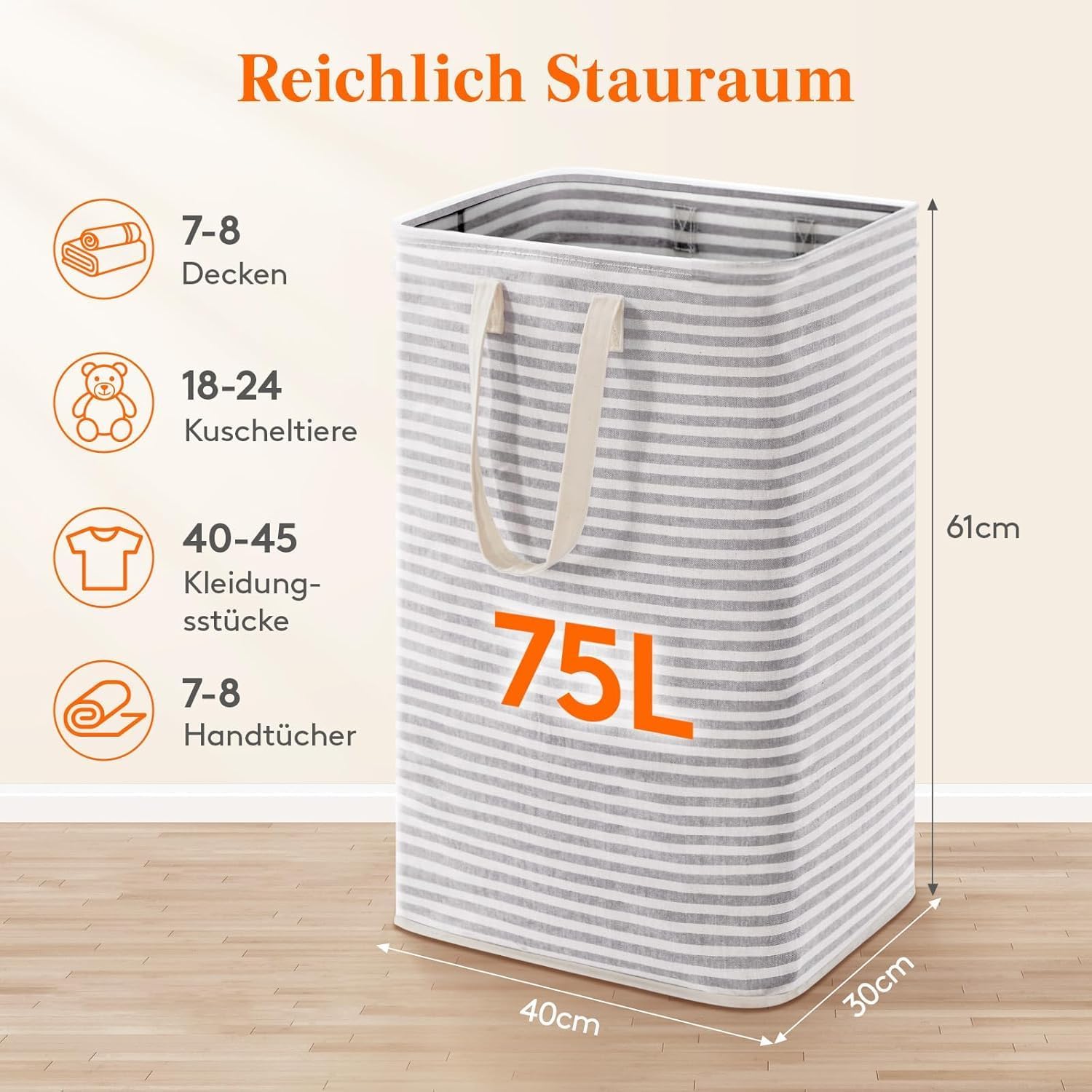 Detalle de Lifewit Wäschekorb – Großer faltbarer Wäschesammler, 75 L, wasserdicht, mit Griffe, grau
