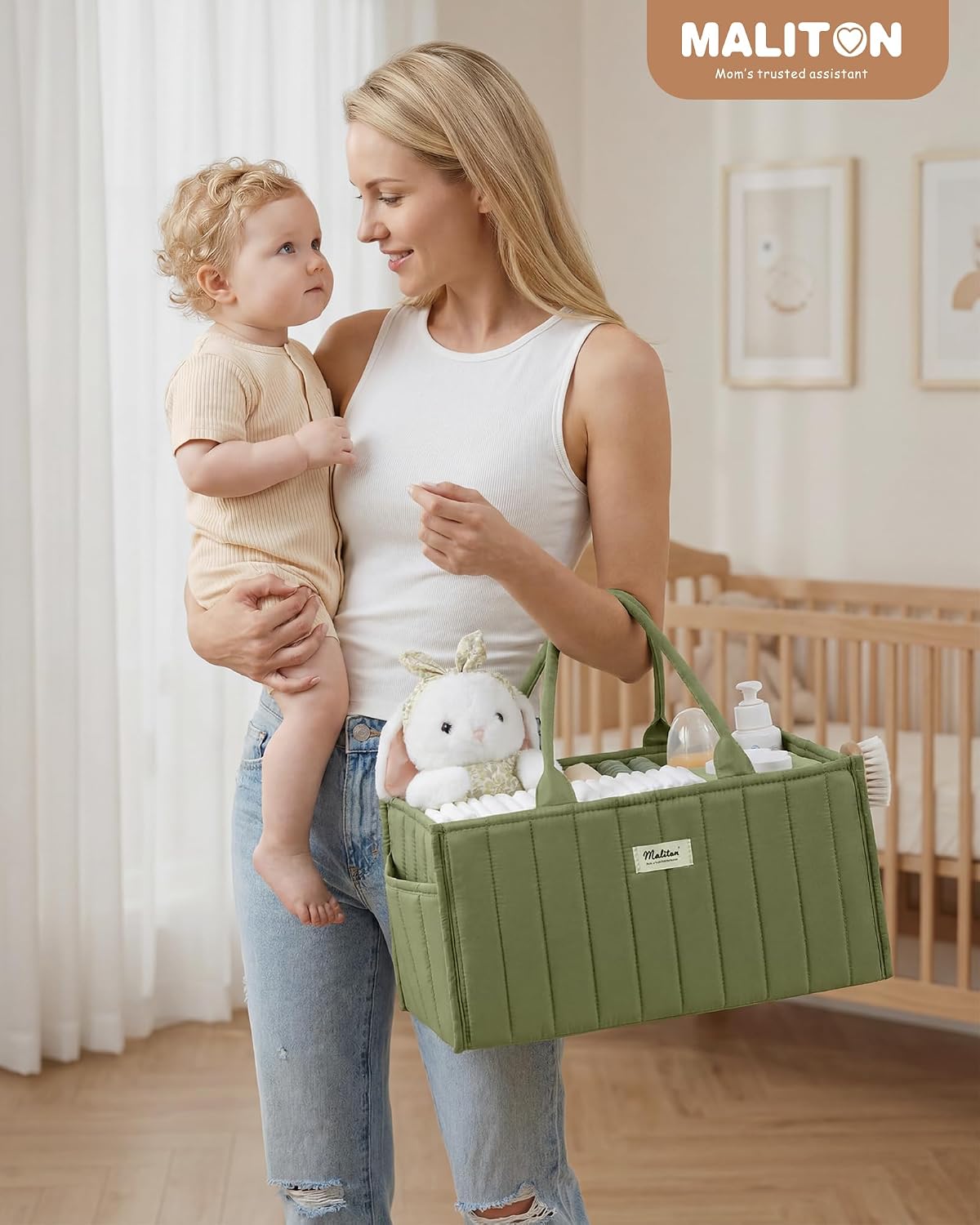Thumbnail 5 de Maliton Nappy Caddy Organiser – Portable Baby Changing Station with Removable Dividers and Side Pockets (Green)