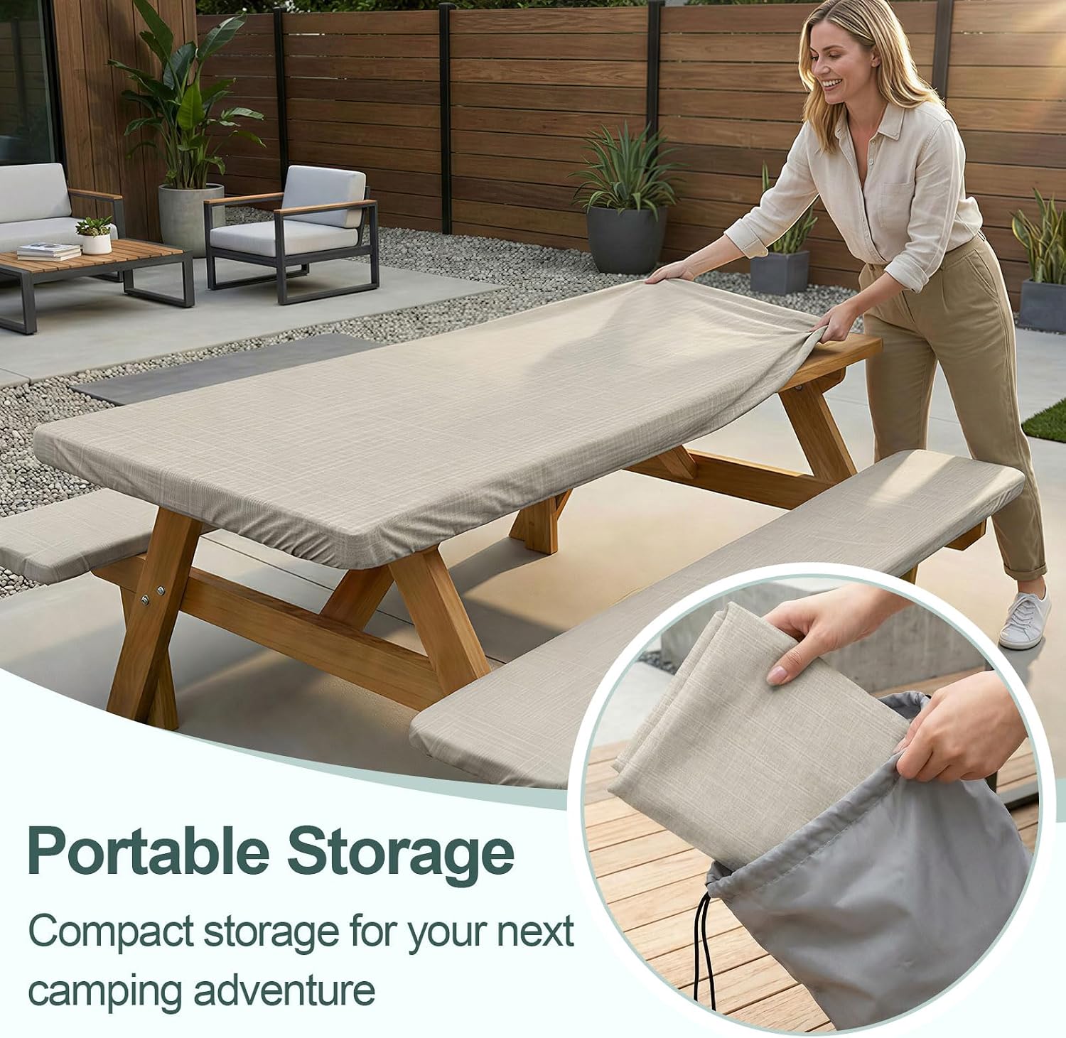 Detalle 2 de Picnic Table Cover with Bench Covers for 6FT Tables (72in) — Waterproof, Windproof Set with Drawstring Bag, Beige Linen Texture