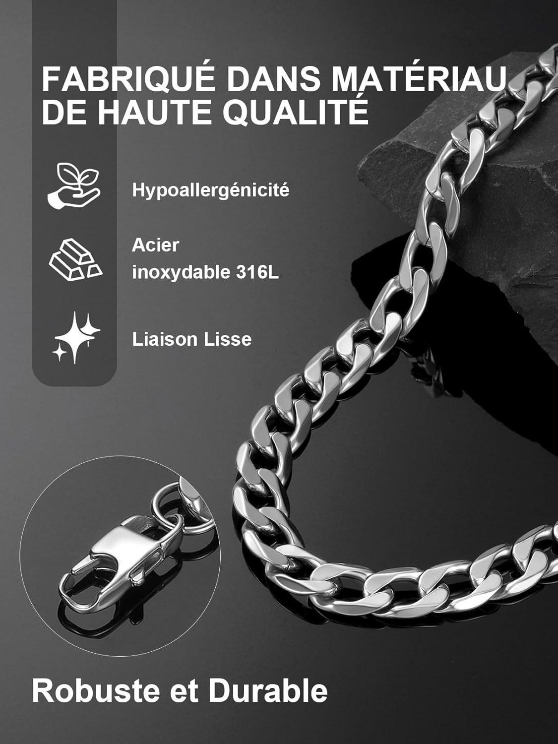 Thumbnail 2 de ChainsPro Chaîne cubaine en acier inoxydable 13 mm Cubaine Miami 46 à 76 cm argent/noir/or – coffret cadeau