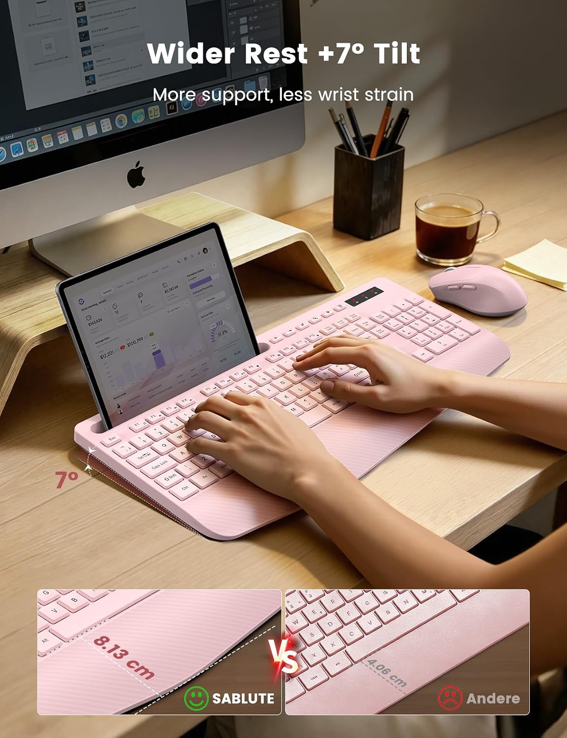 Detalle de Wireless Keyboard and Mouse Combo (Pink) — Full-Size, Ergonomic with Wrist Rest