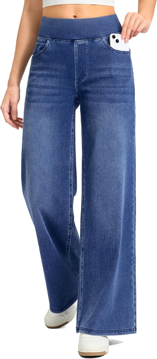 Detalle de Rammus Women's Wide-Leg Pull-On Jeans with Stretch Denim and 4 Pockets