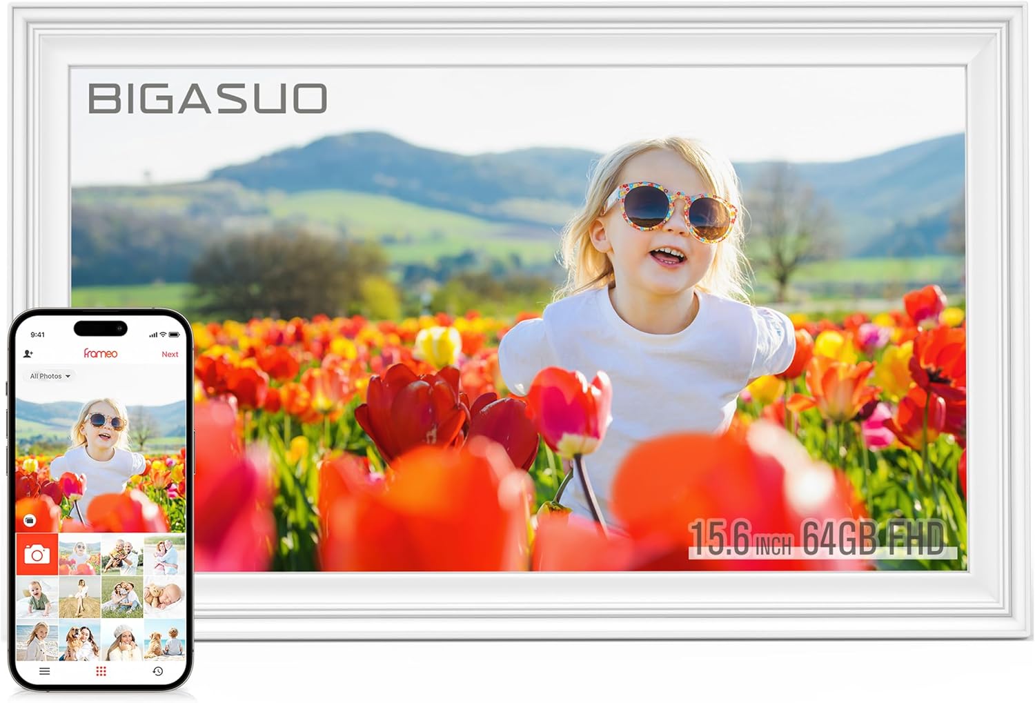 Detalle de 64GB 15.6" Frameo WiFi Digital Photo Frame with 1920x1080 IPS Touch – Wall Mountable, Auto Rotate and Video Sharing