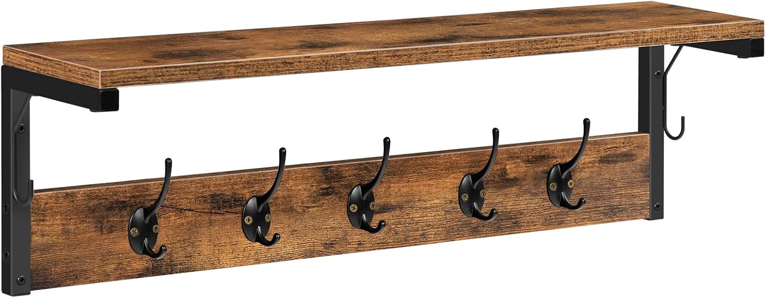 Detalle de HOOBRO EBF16YM01 wandkapstok met plank en 7 haken, donkerbruin en zwart