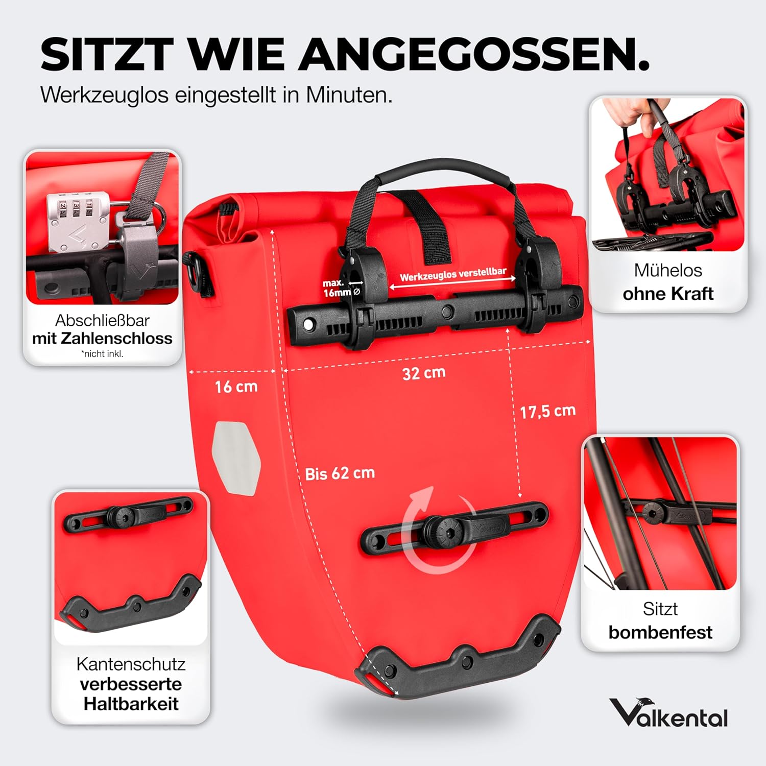 Detalle de Valkental® ValkBasic große, wasserdichte Gepäckträgertasche (abschließbar) mit Reflektoren