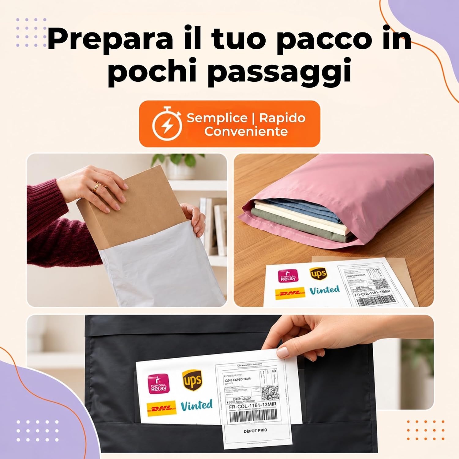 Detalle de Zenacasa – 30 Buste Per Spedizioni Vinted, Taglie S/M/L, Plastica Opaca, Chiusura Adesiva Sicura, Tasca Documenti Inclusa