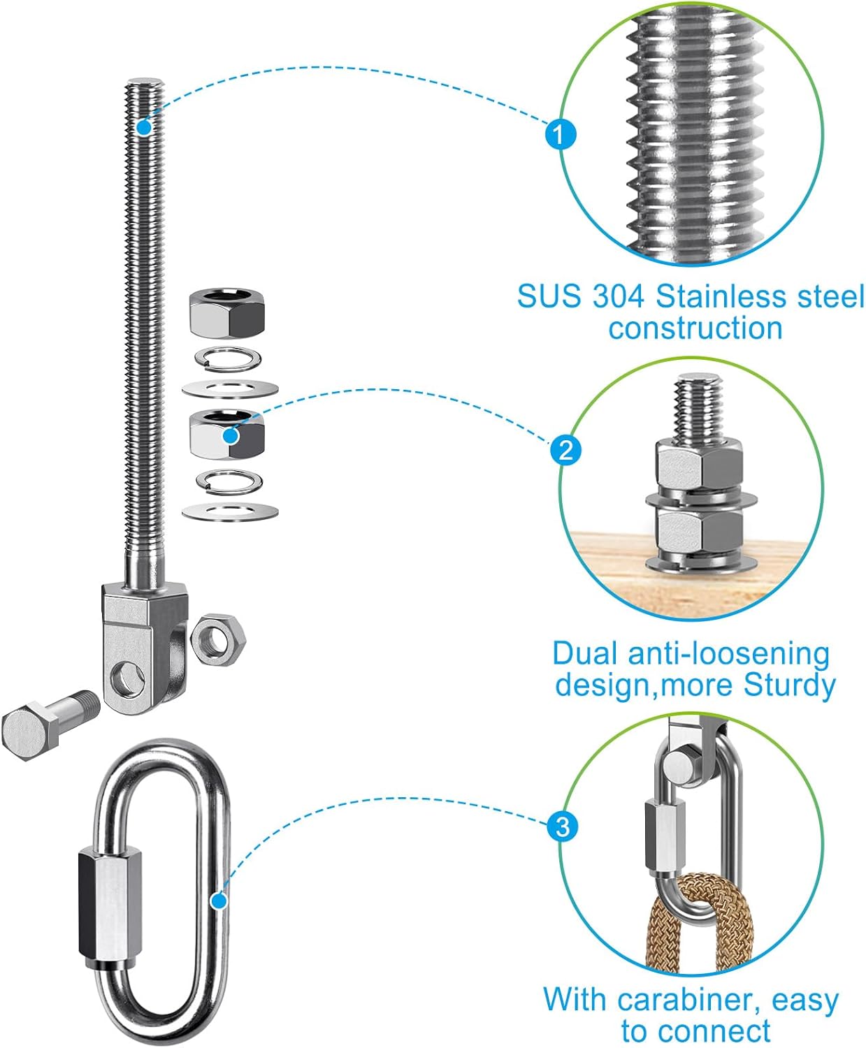 Thumbnail 2 de Dolibest 4er Schaukelhaken für Holzbalken M10 x 128 mm (Edelstahl, drehbar) inkl. Karabiner – bis 680 kg