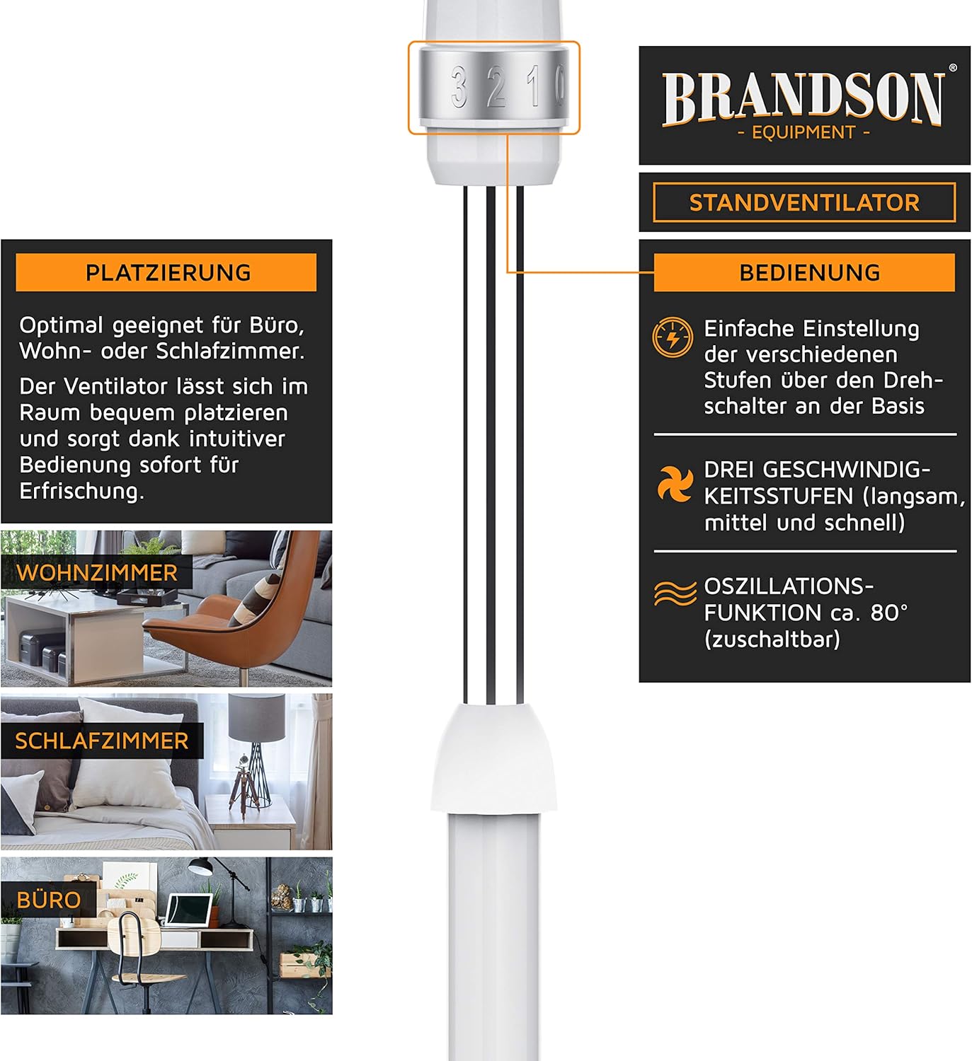 Thumbnail 4 de Brandson Standventilator 40 cm • 50 W – höhenverstellbar, Neigungswinkel 30°, 3 Geschwindigkeiten, 80° Oszillation