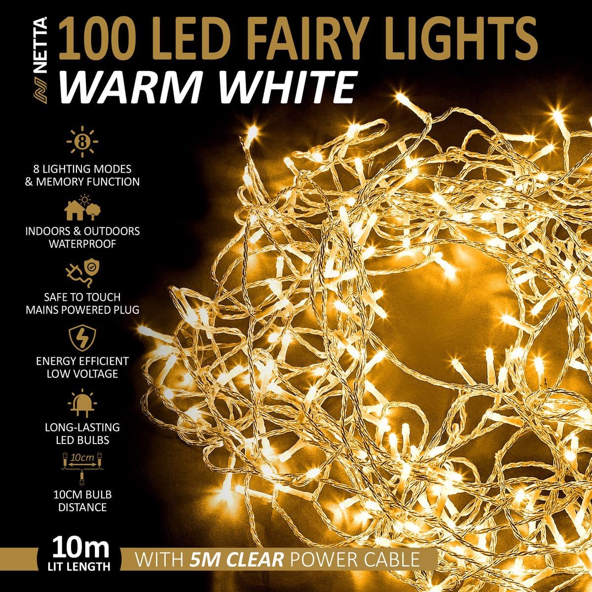 Thumbnail 1 de NETTA Christmas Tree Lights 100 LED, 10m Warm White Fairy Lights with Memory & 8 Modes