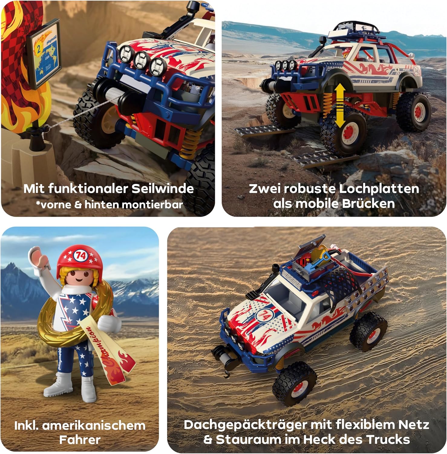 Detalle 2 de PLAYMOBIL Cars Offroad Truck 72061 – Geländewagen mit Seilwinde und Brückenplatten