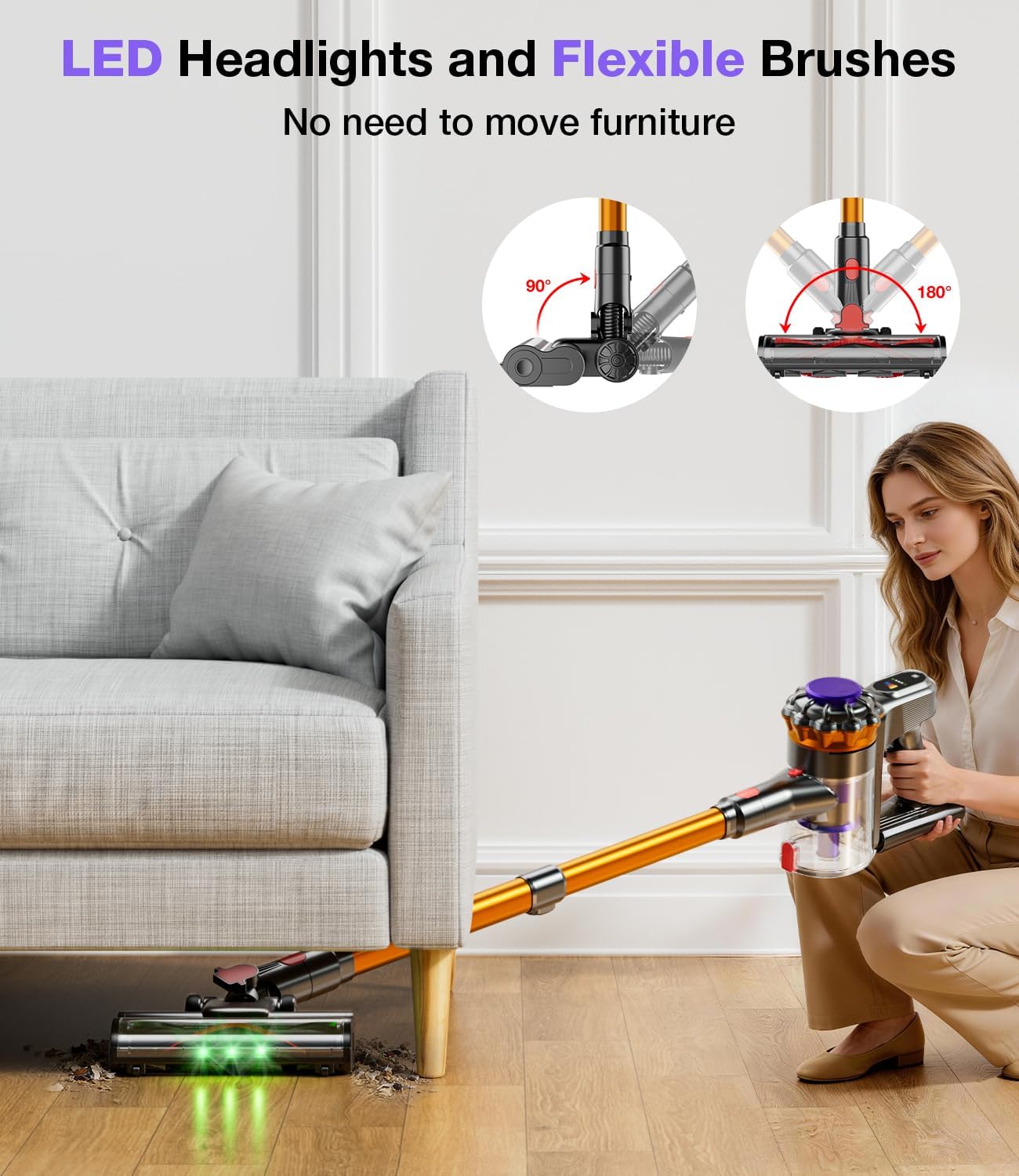 Detalle de KQAHA V08 Cordless Stick Vacuum, 600W, 50,000Pa Suction, 1.5L Dust Cup