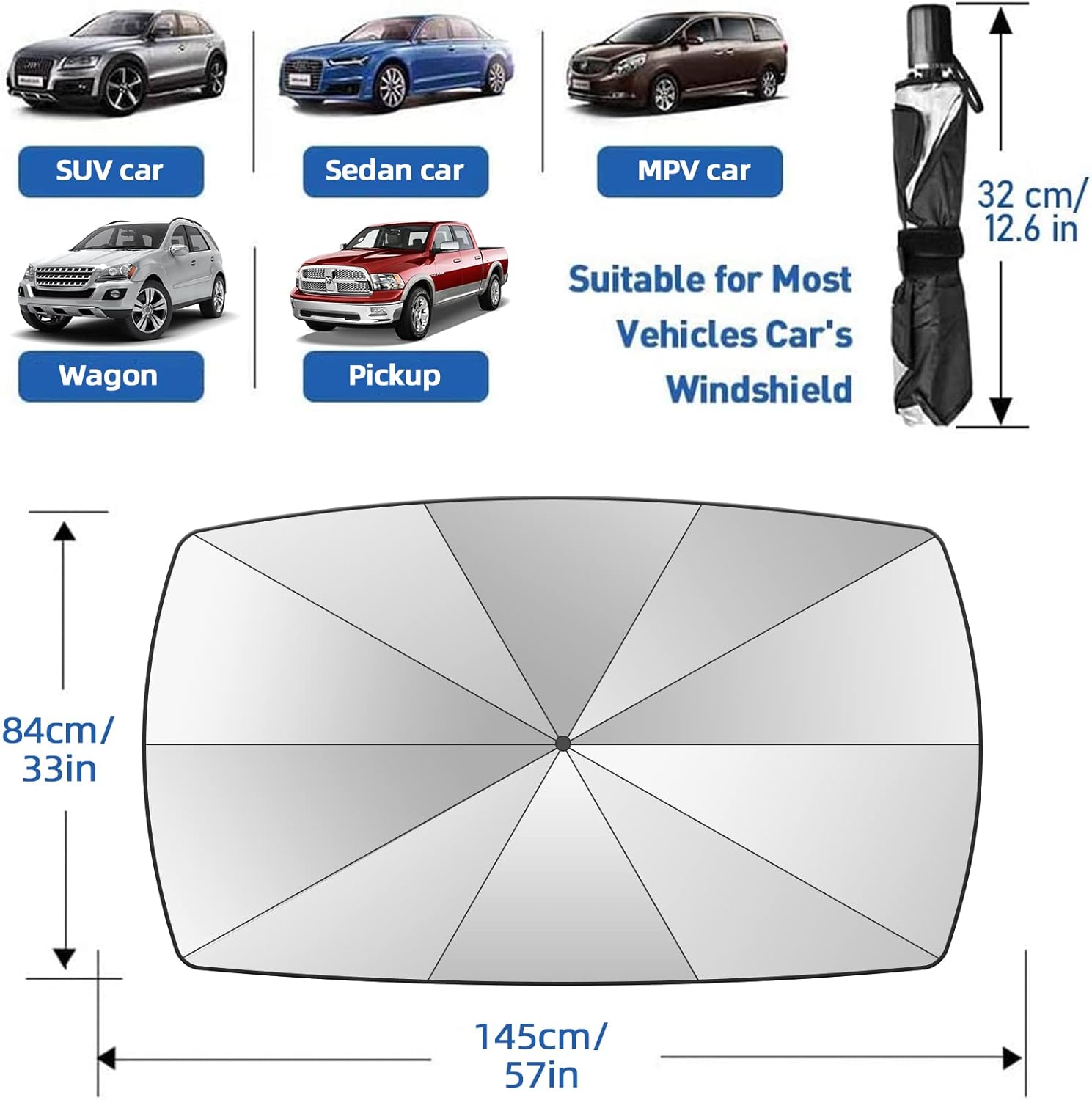 Thumbnail 4 de 2026 Windshield Sun Shade Umbrella — Foldable UV-Blocking Car Windshield Shade (57" x 33")