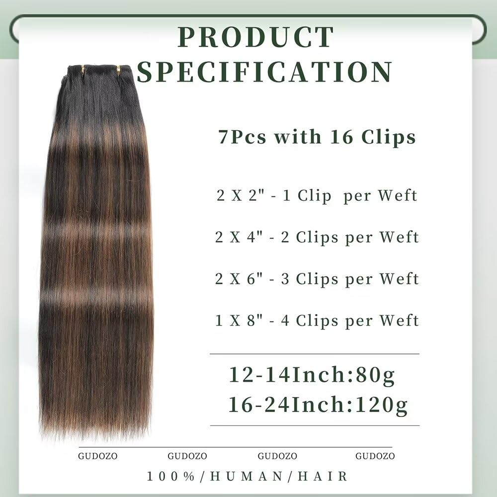 Thumbnail 1 de GUDOZO Clip-in Extensions aus Echthaar (7-tlg.), 55 cm, 120 g – natürliches Schwarz mit Chestnut Braun, unsichtbare Clips