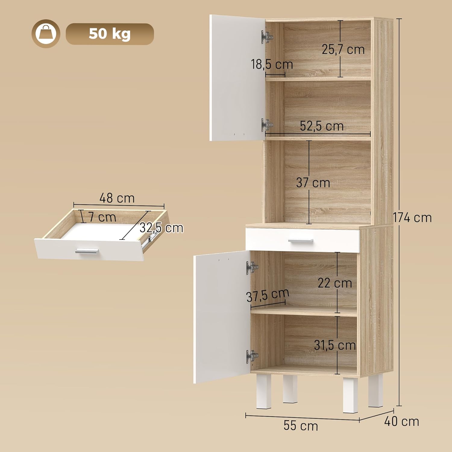 Thumbnail 2 de HOMCOM Buffet Haut Cuisine – Armoire de Cuisine 55x40x174 cm, blanc et bois naturel