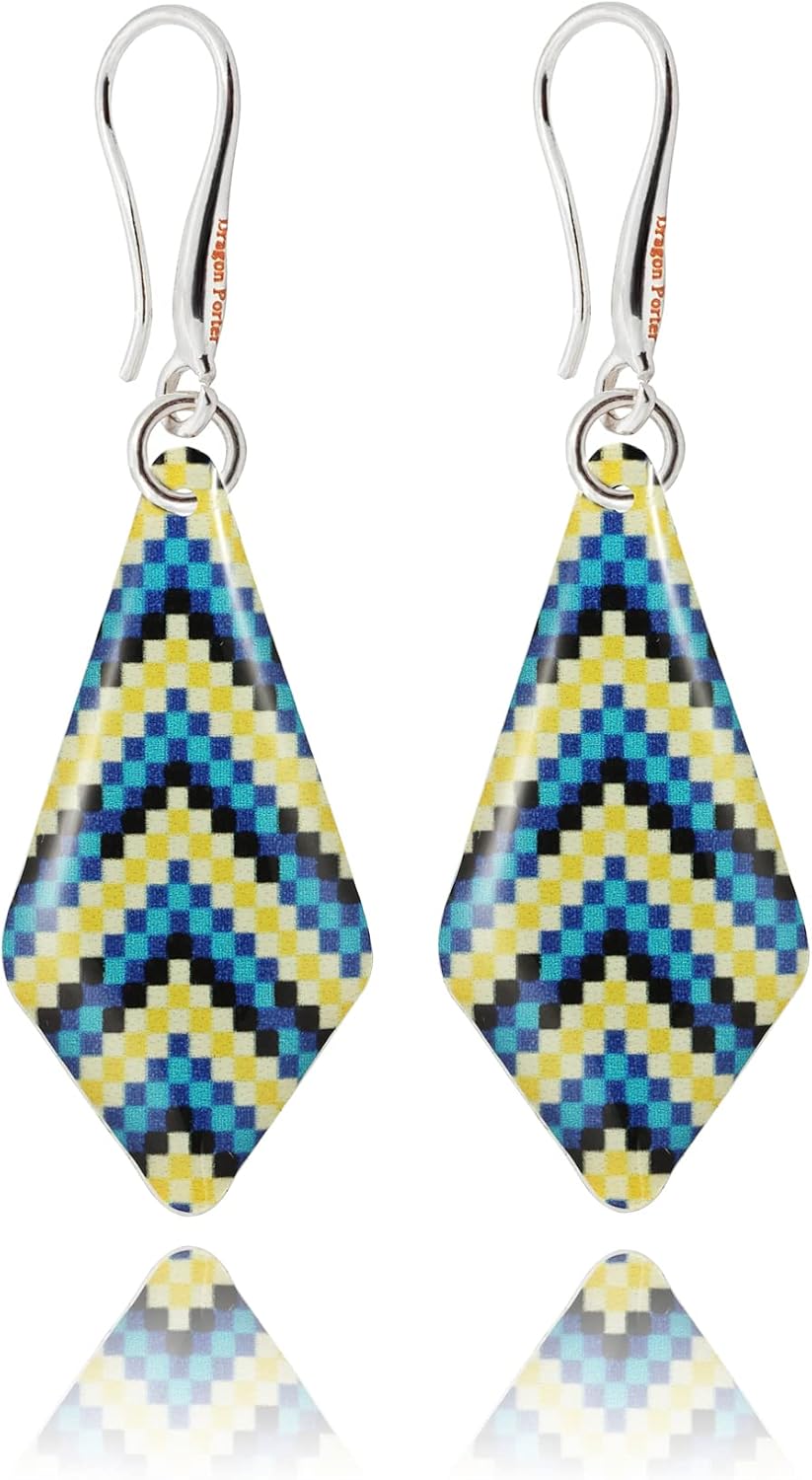 Detalle de Pendientes Colgantes Dragon Porter Estilo 14 “Cebra” geométrico (amarillo y azul)