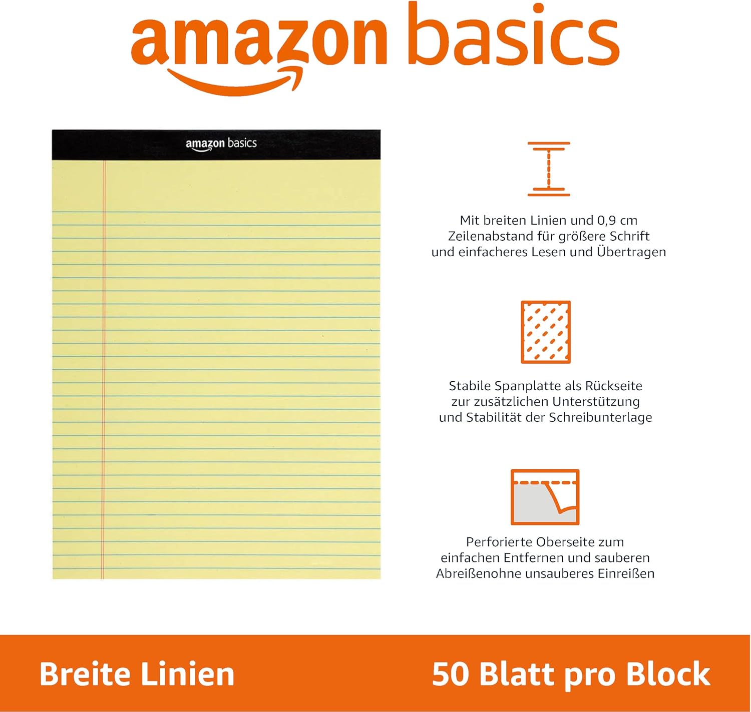 Thumbnail 1 de Amazon Basics Legal/breit liniert Notizblock-Paket 12x 50 Blatt, Kanarisch, 21,6 × 29,8 cm