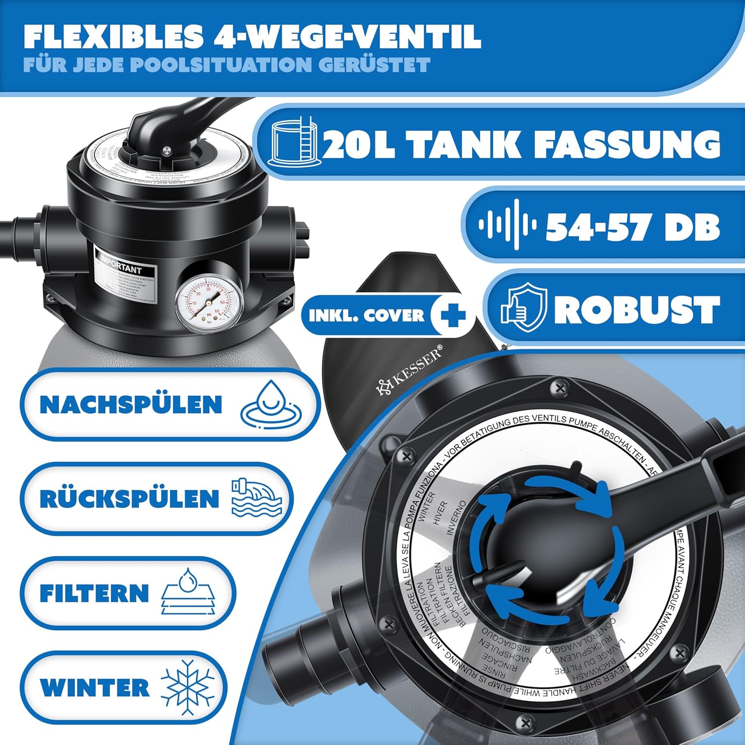 Thumbnail 4 de KESSER Sandfilteranlage (4-Wege Ventil) mit 800 g Filterbällen für Pools bis 10 m³/h – Grau