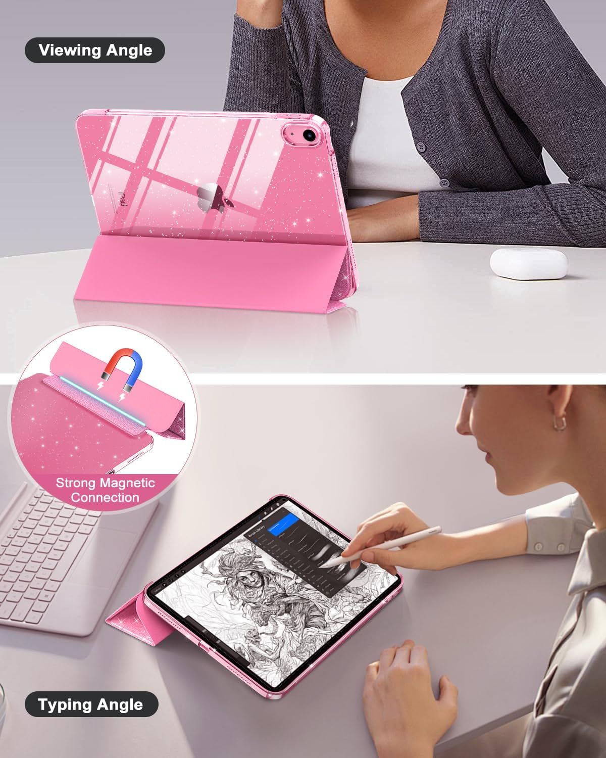 Detalle de MoKo Sparkly Case for iPad 11 (A16) 11th Gen (2025) / iPad 10.9 (2022) 10th Gen with Touch ID & auto sleep/wake, Glitter Pink