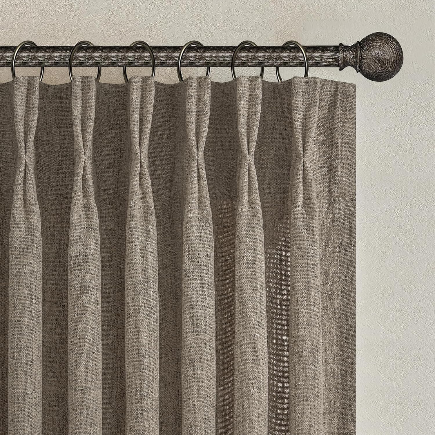 Detalle de Pinch Pleated Dark Flax Privacy Curtains: 105-Inch, 2 Panels, Light Filtering Linen Boho Elegance