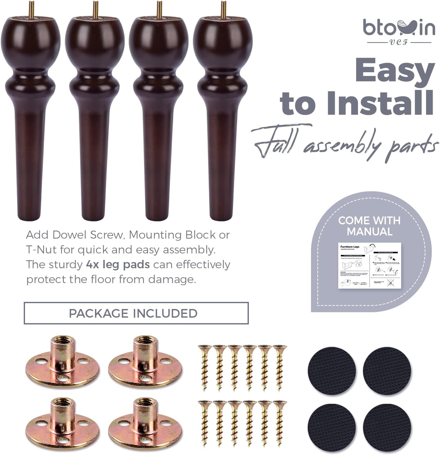 Detalle 2 de Btowin VCF 26cm Holz Möbelfüße 4er Set
