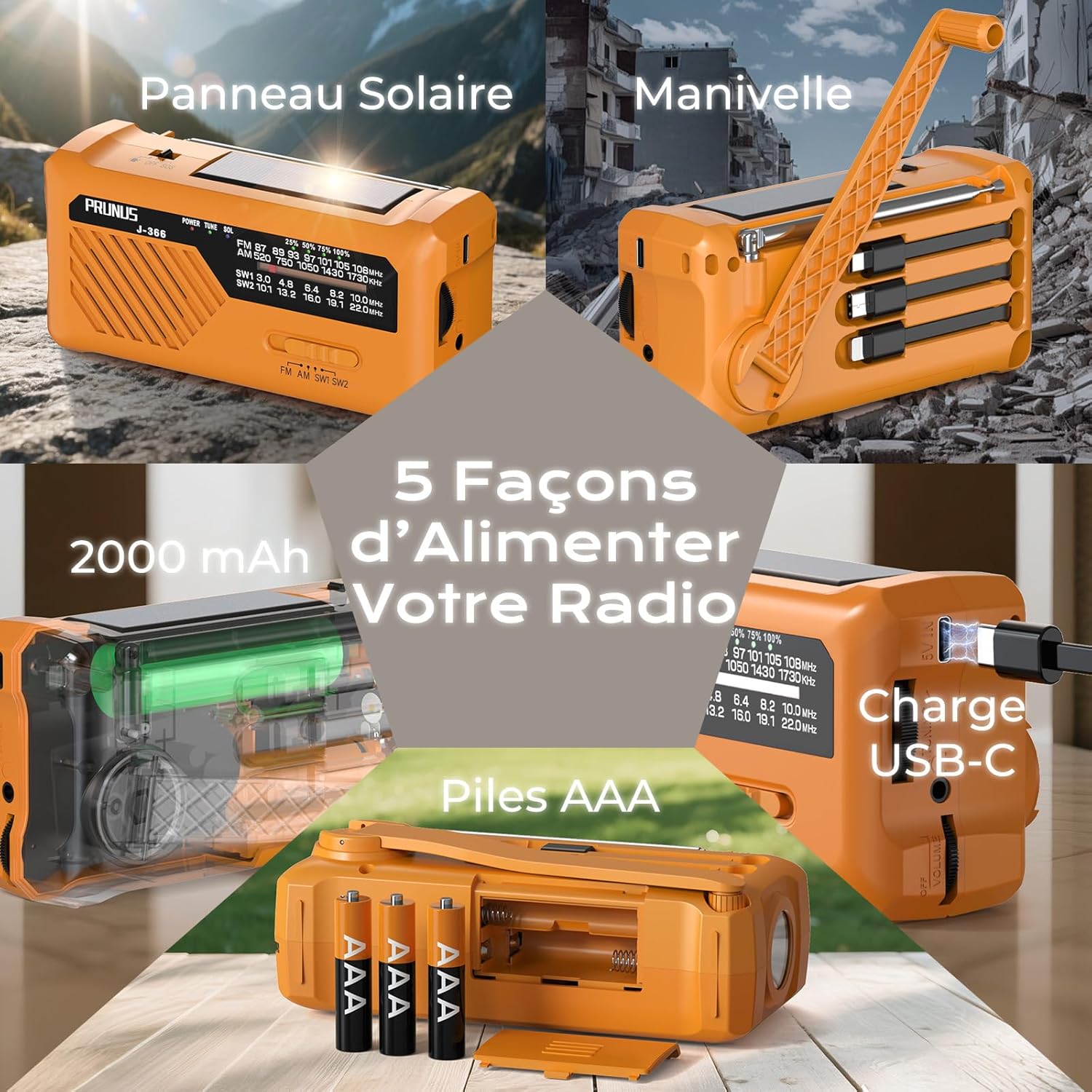 Thumbnail 3 de PRUNUS J-366 Radio à Pile Survie: Radio Portable d’Urgence à Manivelle avec Batterie 2000mAh et SOS
