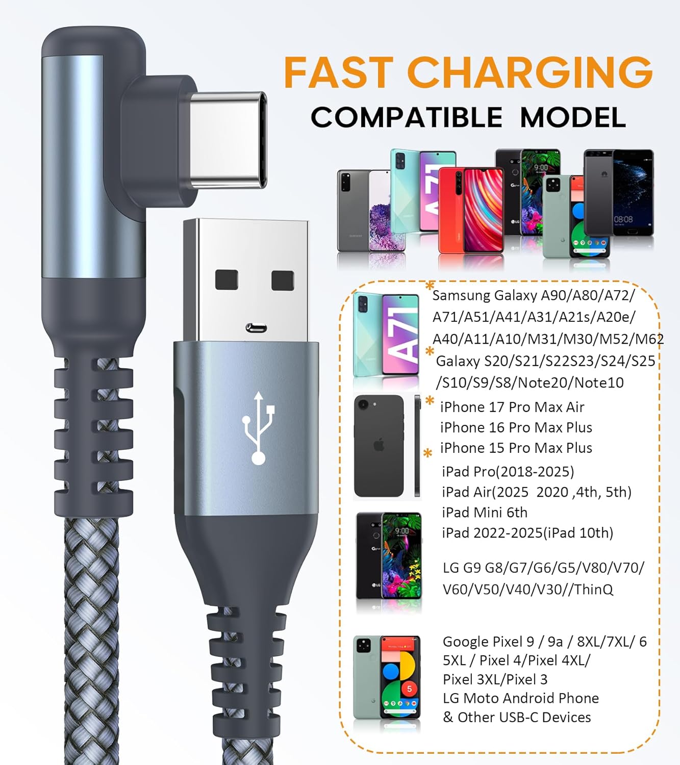 Thumbnail 6 de AviBrex 2Pack 2m USB-C Right Angle 90° braided charging cable (3.1A)
