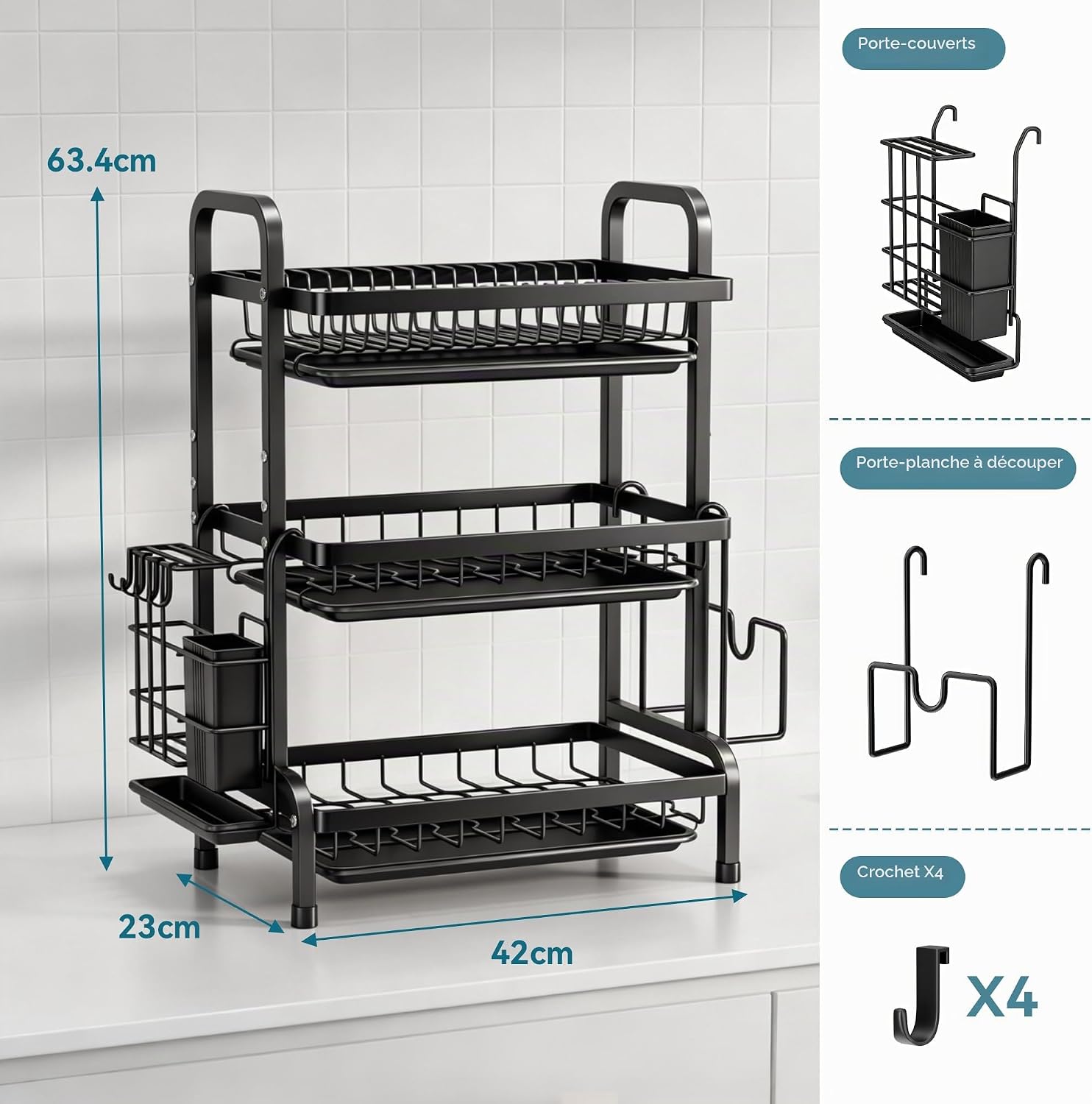 Detalle 2 de Niffgaff Égouttoir à Vaisselle Acier Inoxydable 3 étages Grand – Double plateau et support pour Couverts