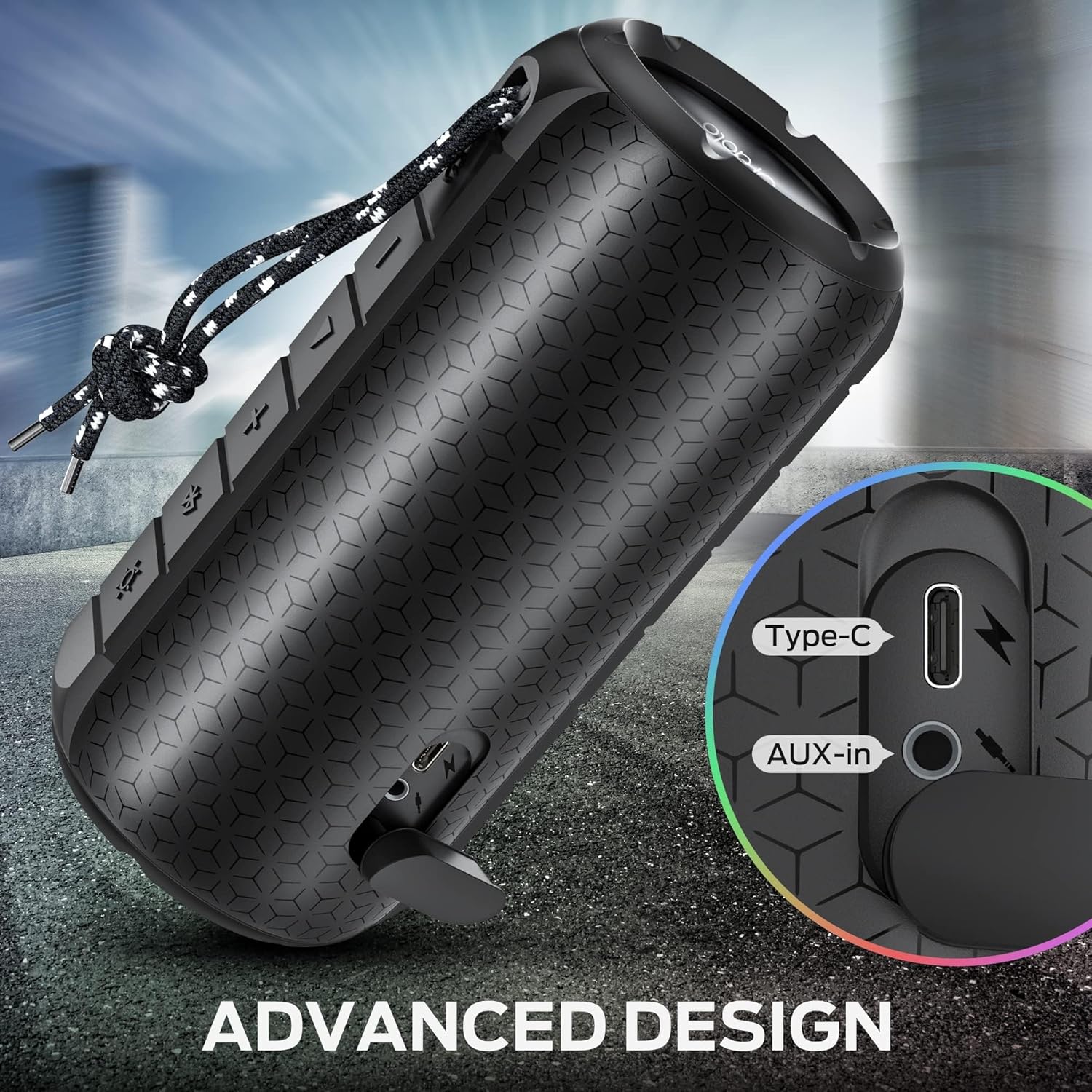 Detalle de Oraolo Haut-Parleur Bluetooth Portable 24 W (40 W annoncé) – Son stéréo 360° + LEDs RVB, IPX6, 24 h d’autonomie, Bluetooth 5.3