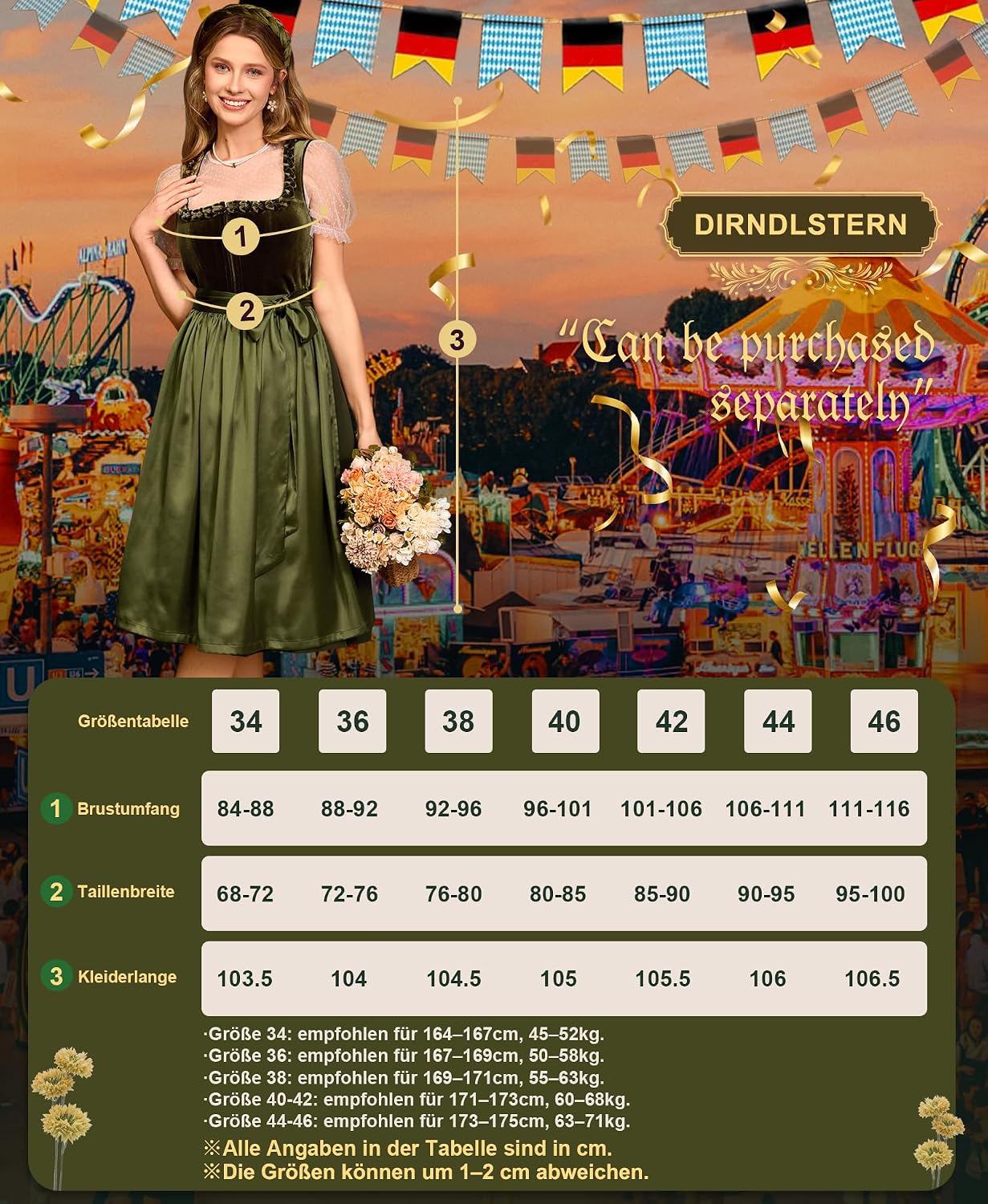 Detalle de DIRNDLSTERN Damen Dirndlkleid Grün Midi – Trachtenkleid für Oktoberfest, Größe 36