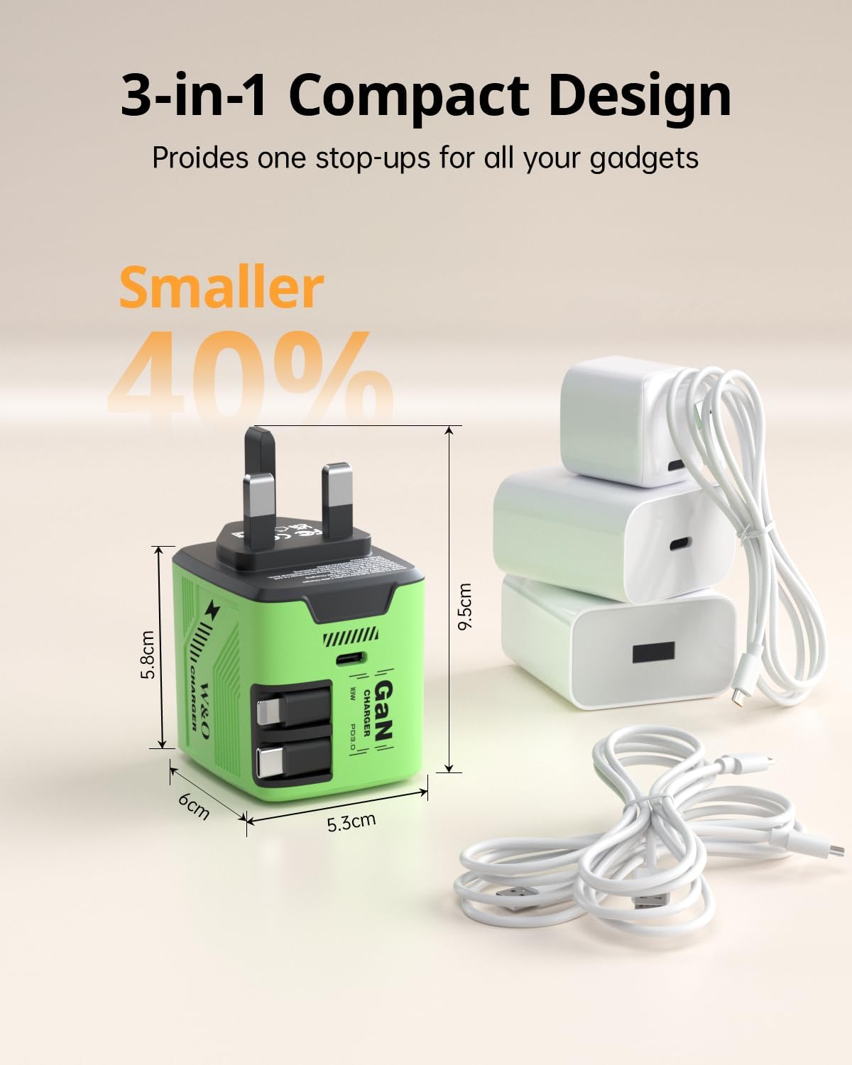 Thumbnail 6 de 60W GaN Fast Charger with Built-in Dual 1.2m Retractable Cables (3-in-1) – UK Plug, Green