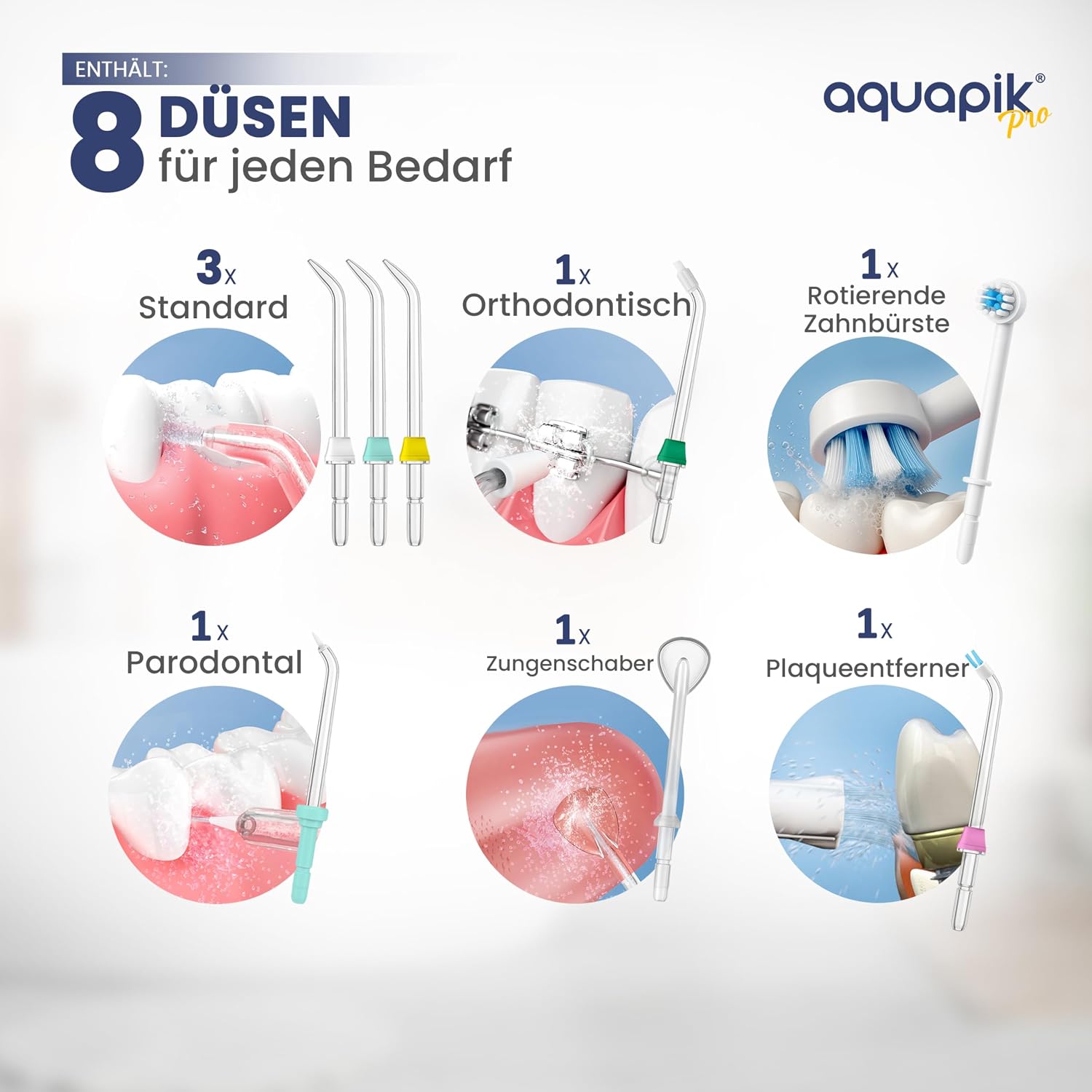 Detalle de Aquapik PRO Munddusche mit Precision Pulse Technologie – gründliche Plaque-Entfernung, 8 Aufsätze, 10 Modi