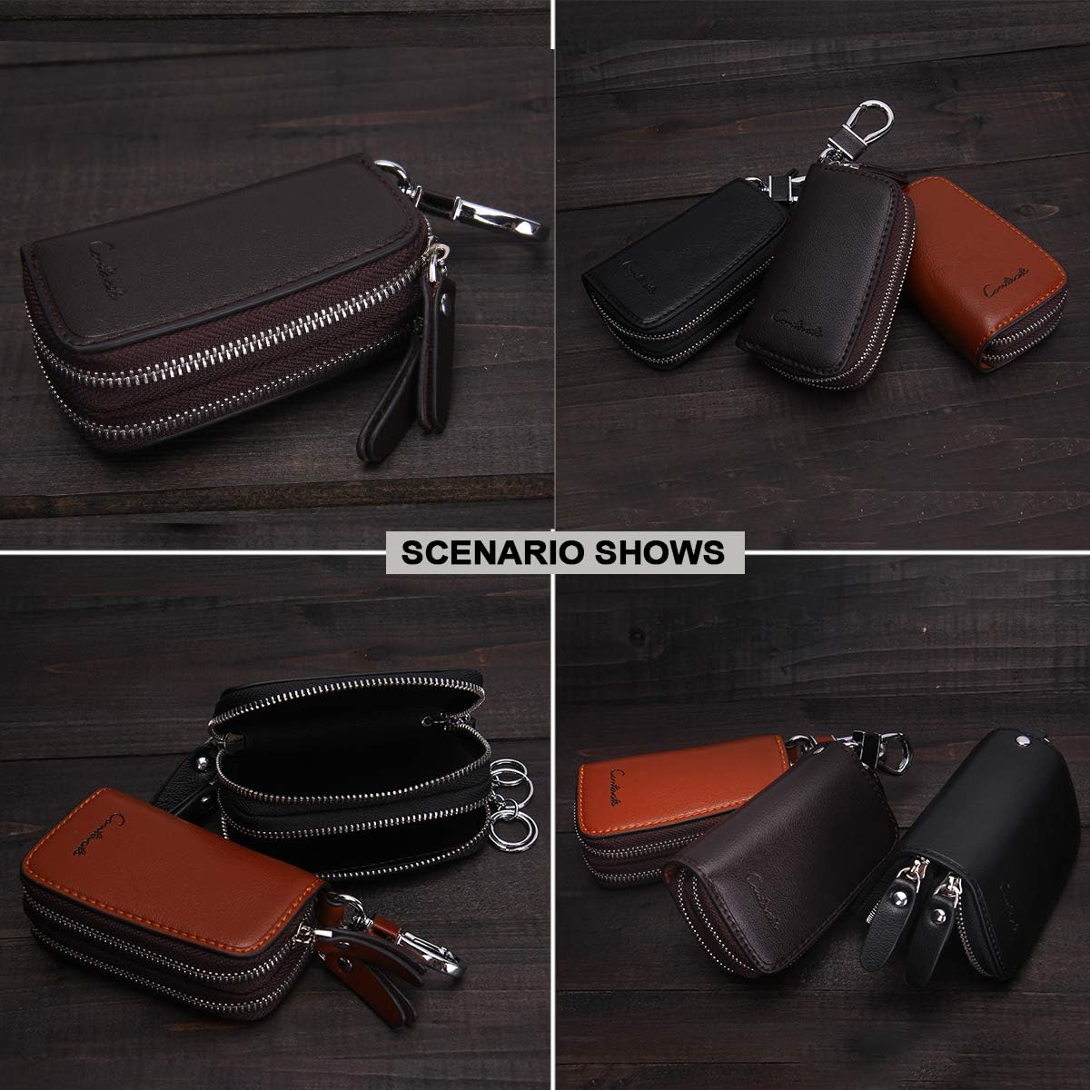 Thumbnail 5 de Contacts Genuine Leather Double Zipper Car Key Case Holder (Coffee)