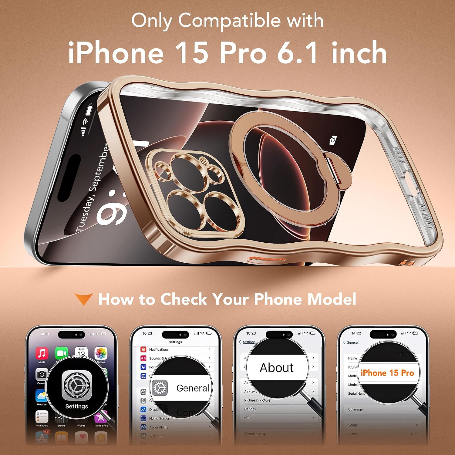 Detalle 2 de GOLBINBOX for iPhone 15 Pro Case with 360° Magnetic Stand Ring (MagSafe, Military Protection) - Rose Gold/Clear
