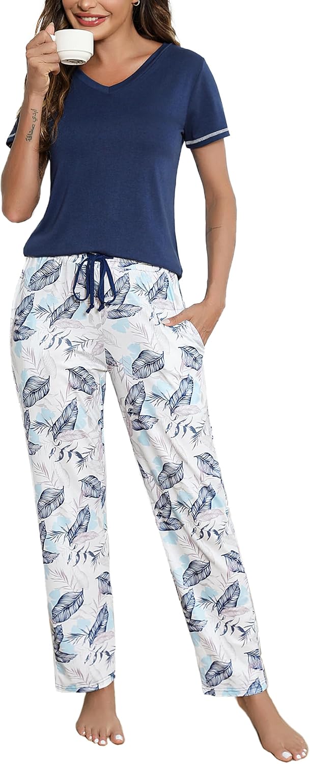 Detalle de Litherday Damen-Schlafanzug aus Baumwolle mit Kurzarm-Shirt und Pyjamahose (2-teilig)