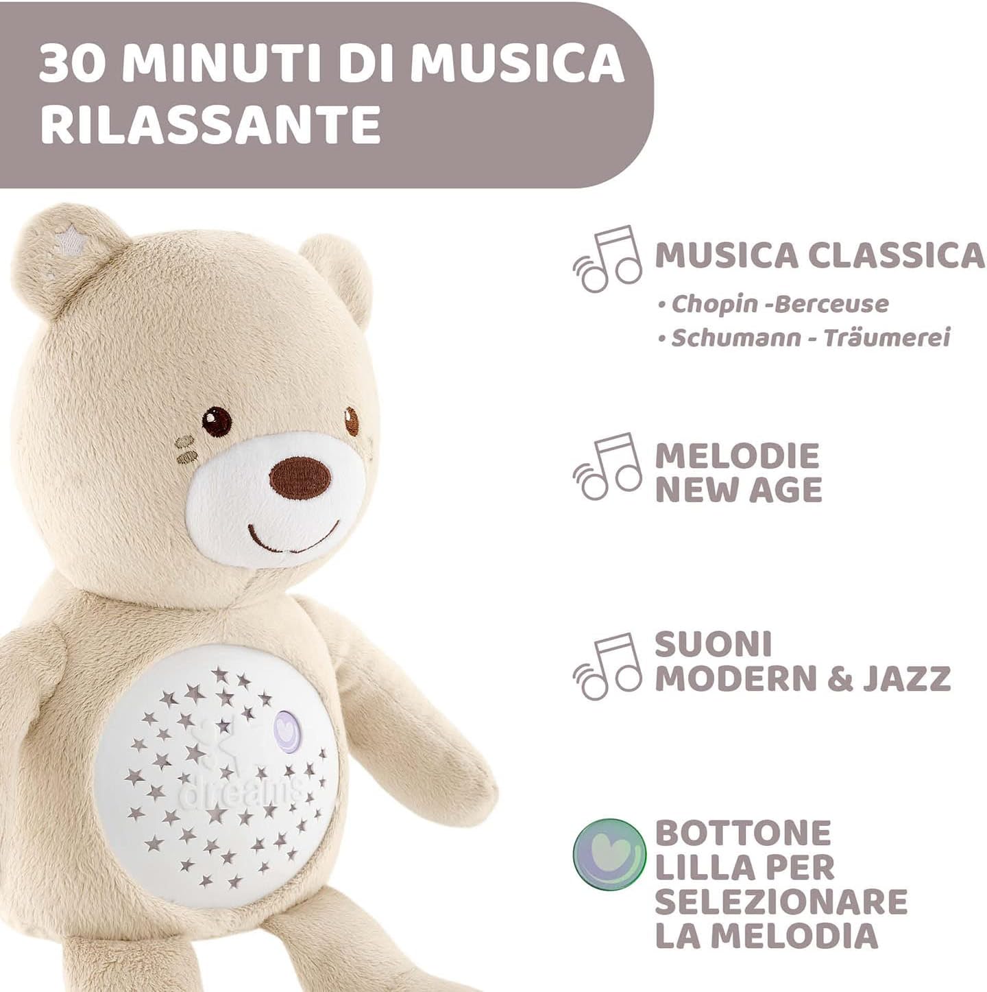 Detalle de Chicco First Dreams Orsacchiotto Peluche Baby Bear: Pupazzo Proiettore con Luce Notturna e Melodie per Neonati