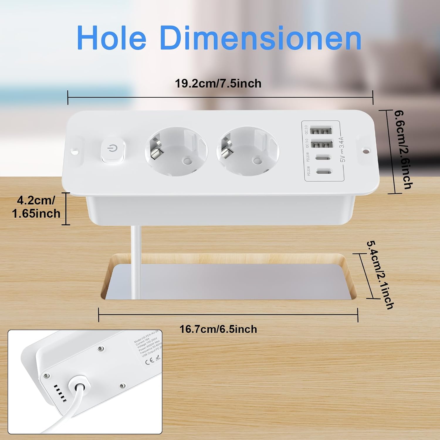 Detalle de Versenkbare 2-Fach Steckdosenleiste mit USB: Einbausteckdose für Tischplatten mit 2 USB-C/2 USB-A inklusive 2 m Kabel