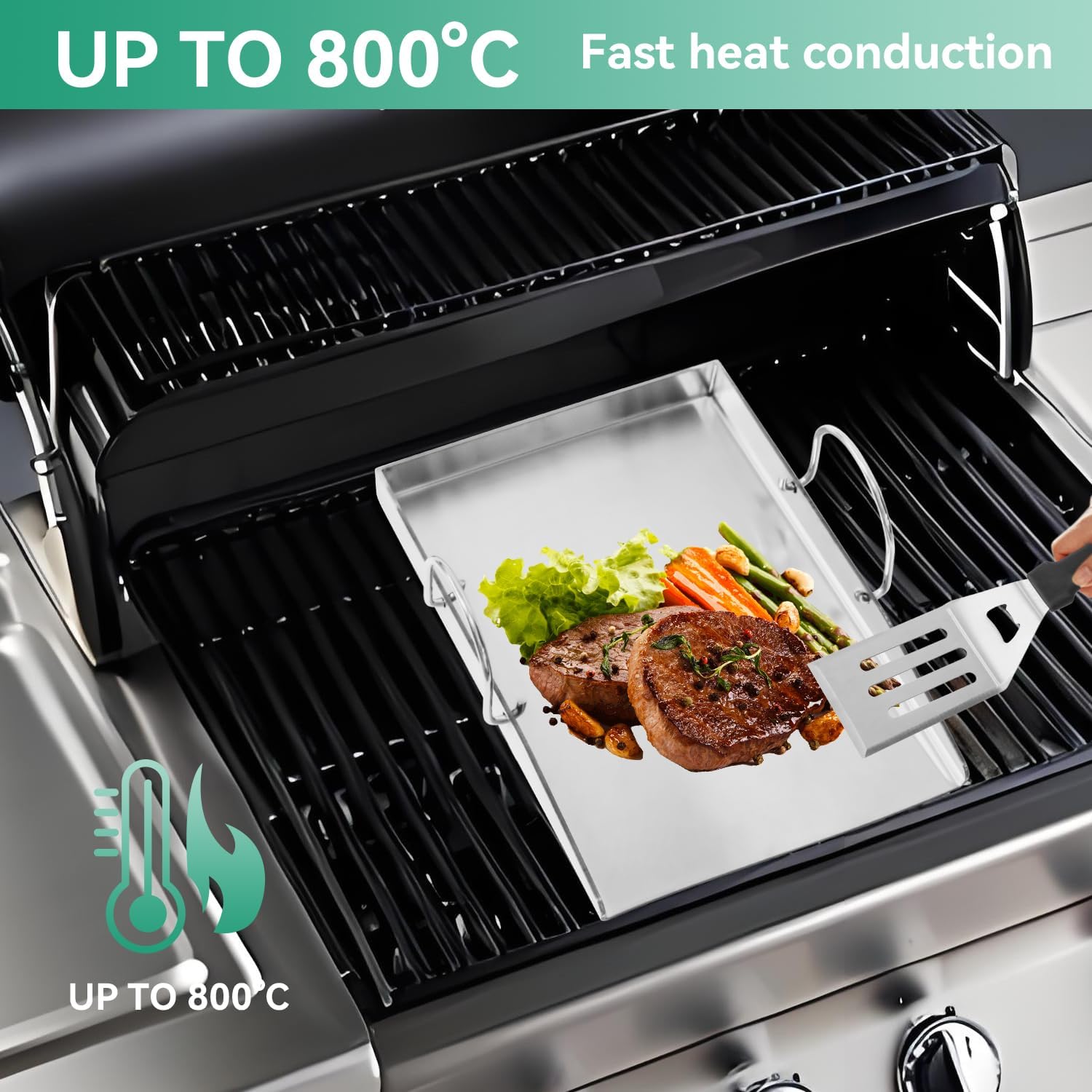 Detalle de COGRICHBF Universelle Edelstahl Plancha Grillplatte mit 2 Grillspachteln – 40 x 30 cm, 4 mm Stärke