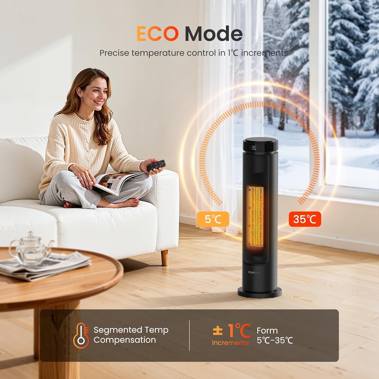 Detalle 2 de FLANUR 2000W Electric Tower Fan Heater with Programmable Thermostat, ECO Mode & Remote