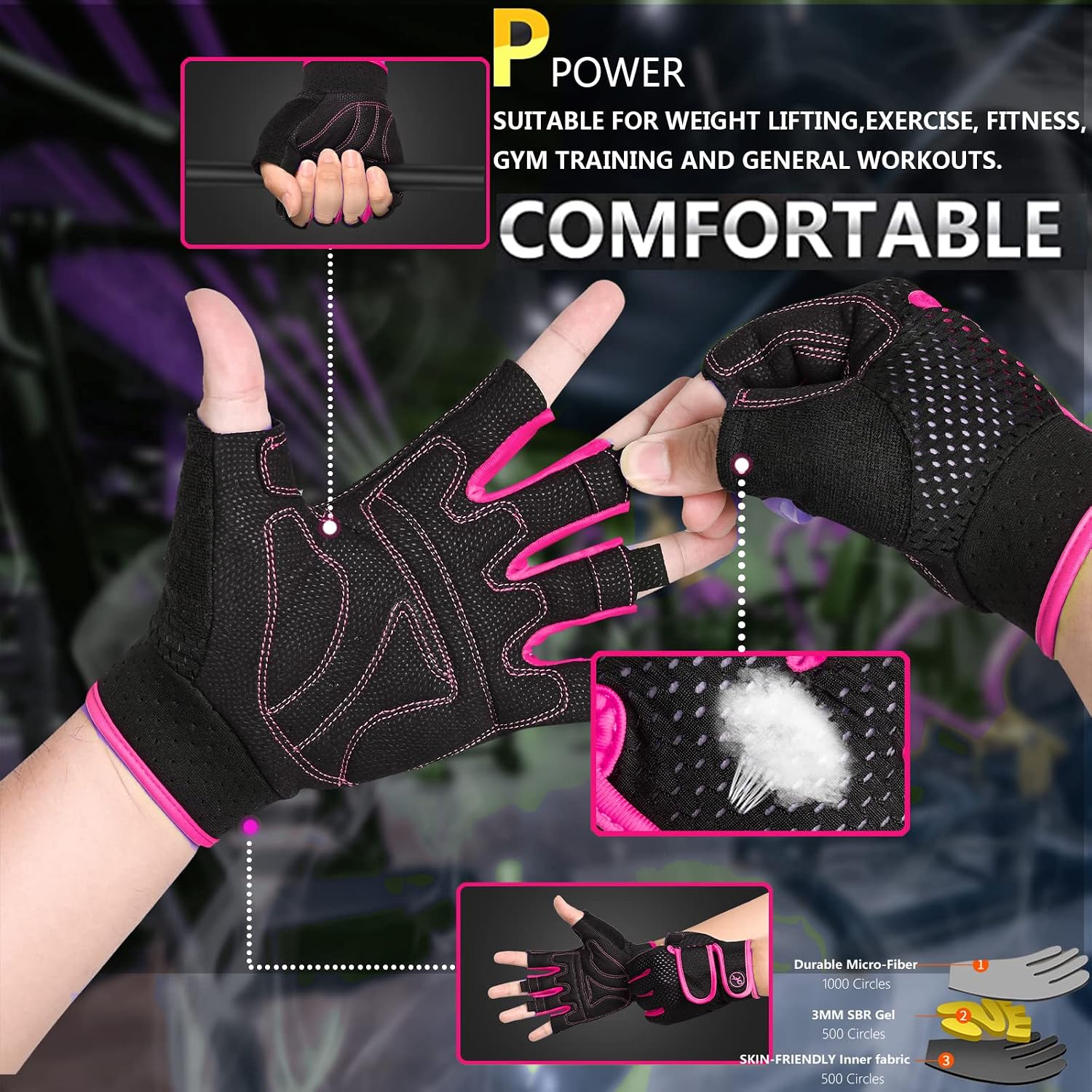 Detalle 1 de MOREOK MK1003 Fingerless Workout Gloves, 3mm Gel Palm Pads, Adjustable Wrist