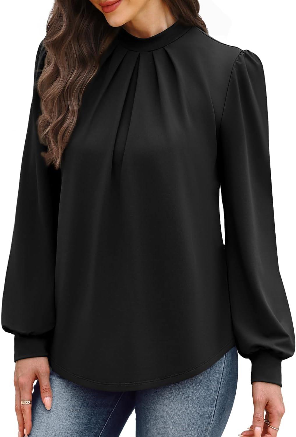 Thumbnail 1 de WIHOLL long sleeve mock neck pleated blouse for women – business loose fit top