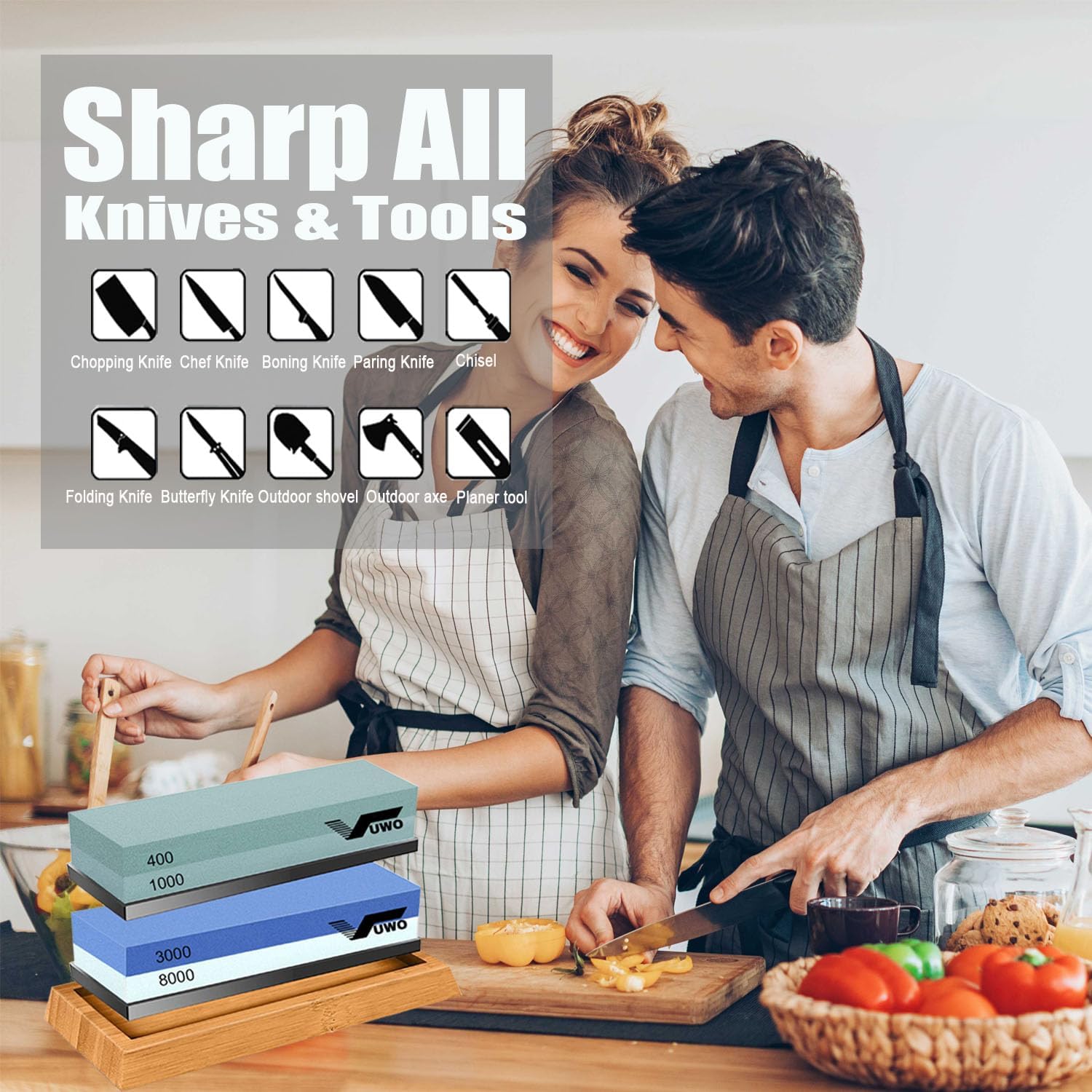 Thumbnail 2 de vuwo Professionelles Schleifstein-Set für Messer – Körnung 400/1000 & 3000/8000 mit Axt-Schleifstein, Winkelführung und Bambusbasis