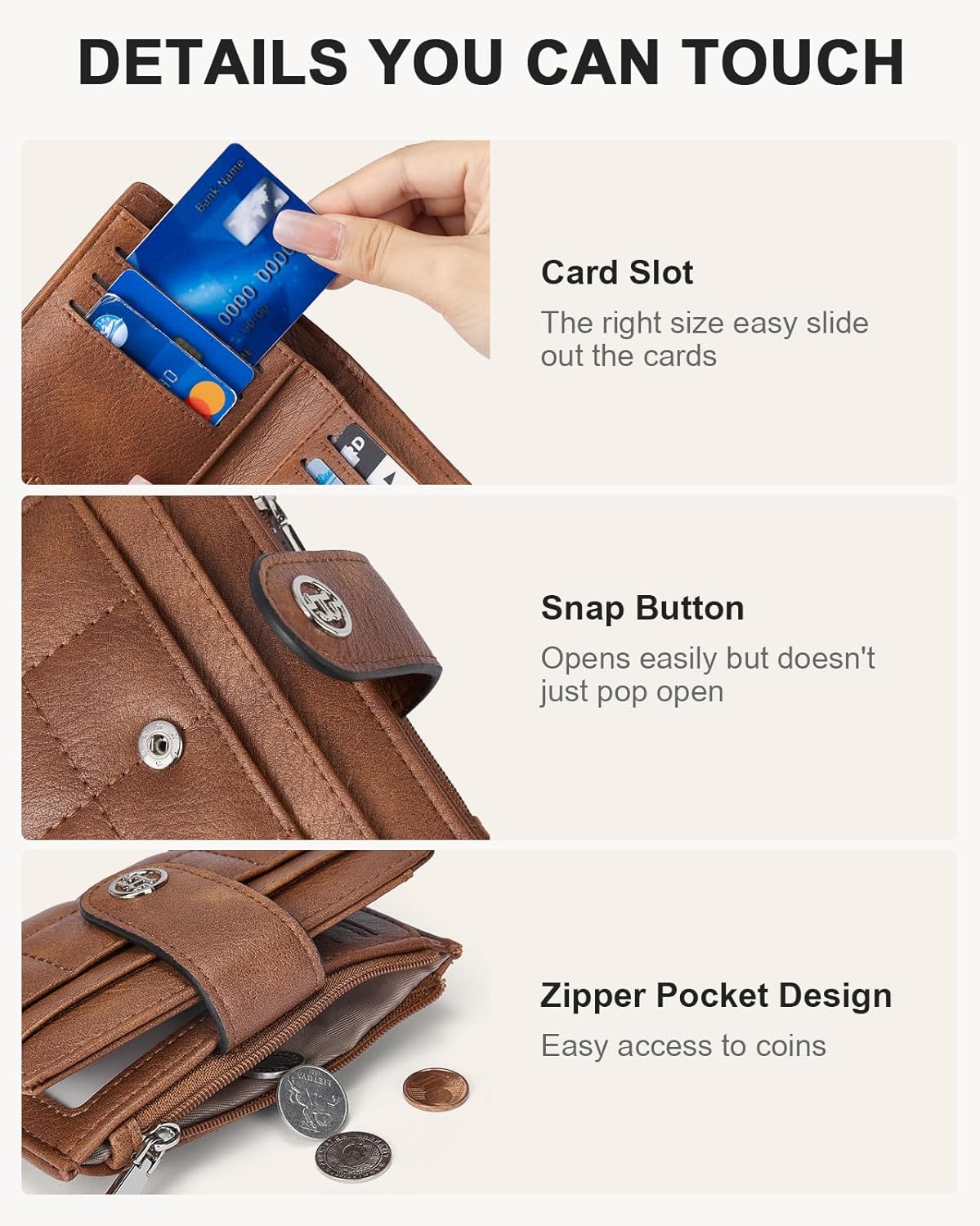 Detalle de BOSTANTEN Small Wallet for Women: PU Leather RFID Blocking Card Holder with Zip Coin Pocket